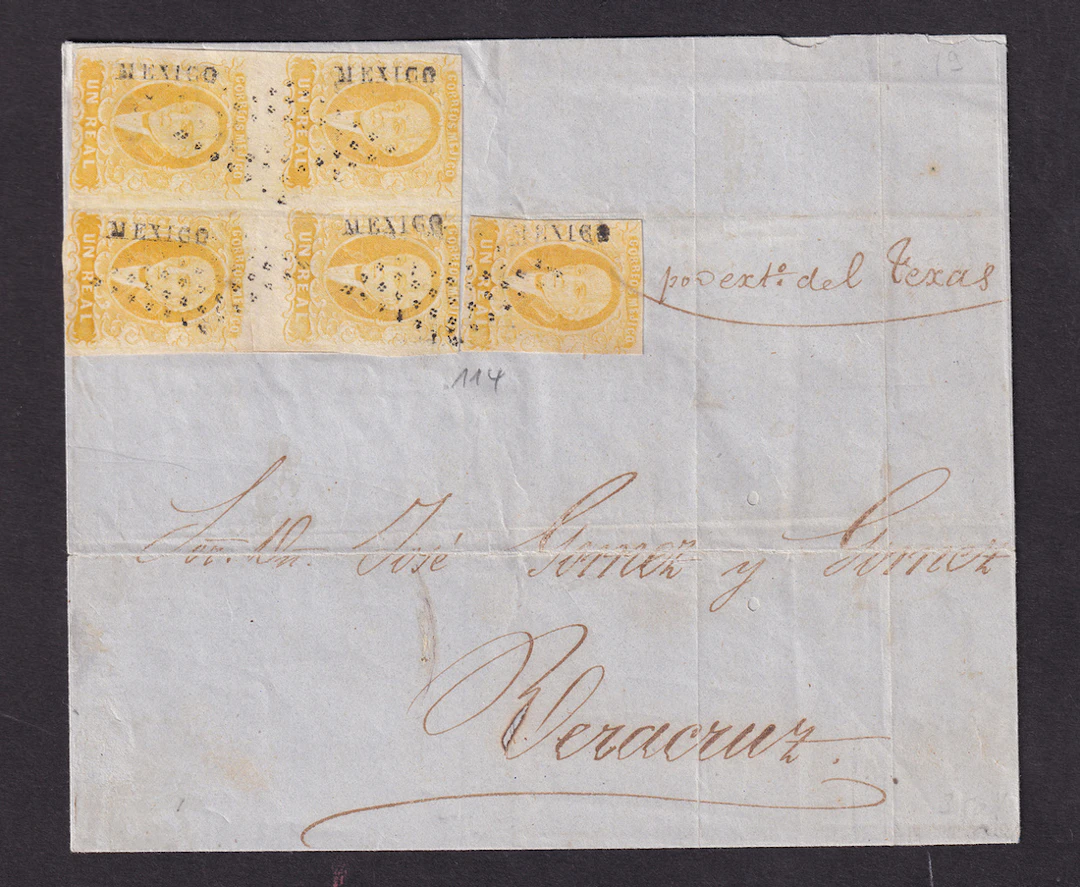 1856 "Hidalgos" Mexico District. 1r. Yellow, block of four and a single