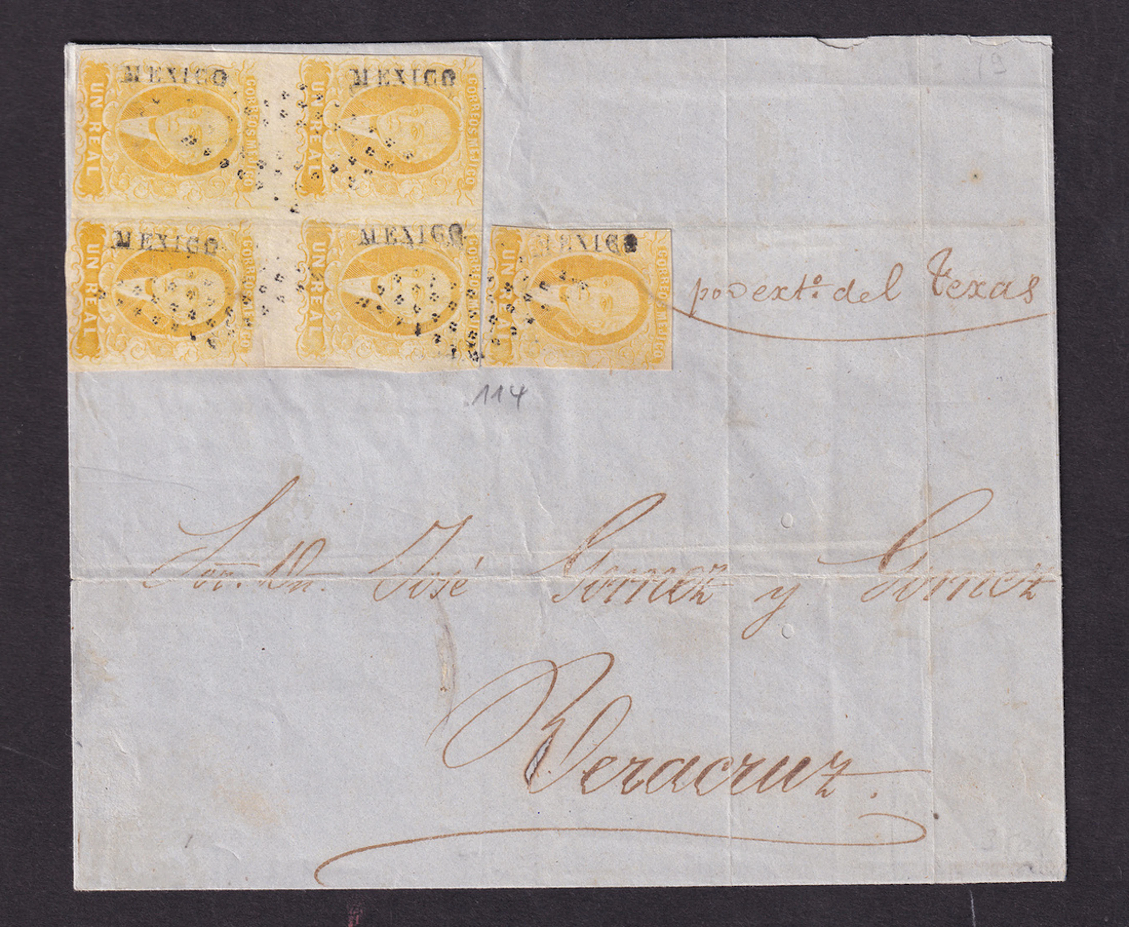 1856 "Hidalgos" Mexico District. 1r. Yellow, block of four and a single