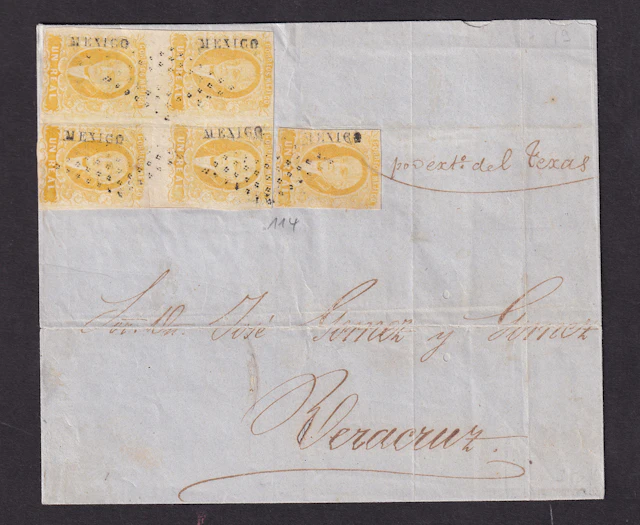 1856 "Hidalgos" Mexico District. 1r. Yellow, block of four and a single