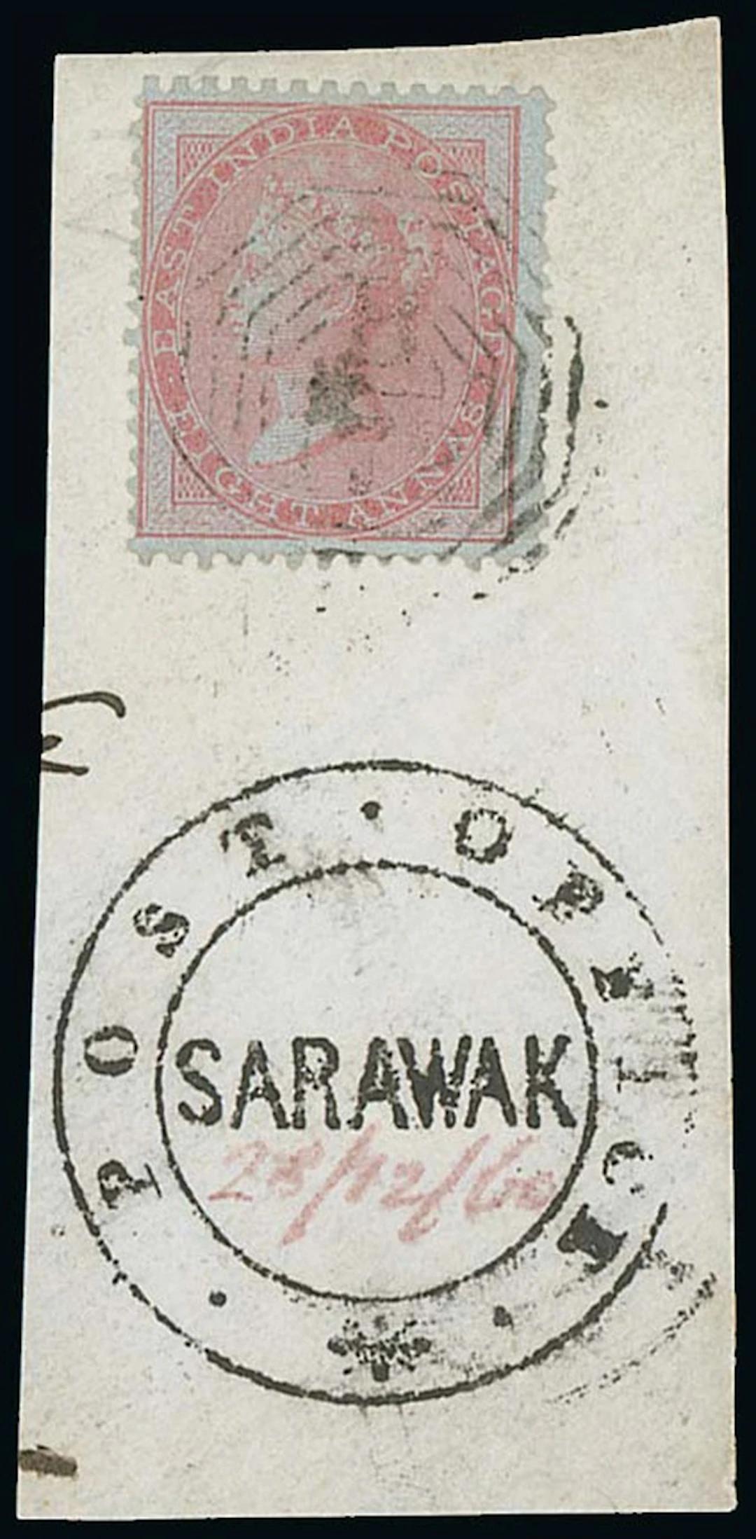 Sarawak "post office/sarawak" Handstamp India 1855 8a. carmine on