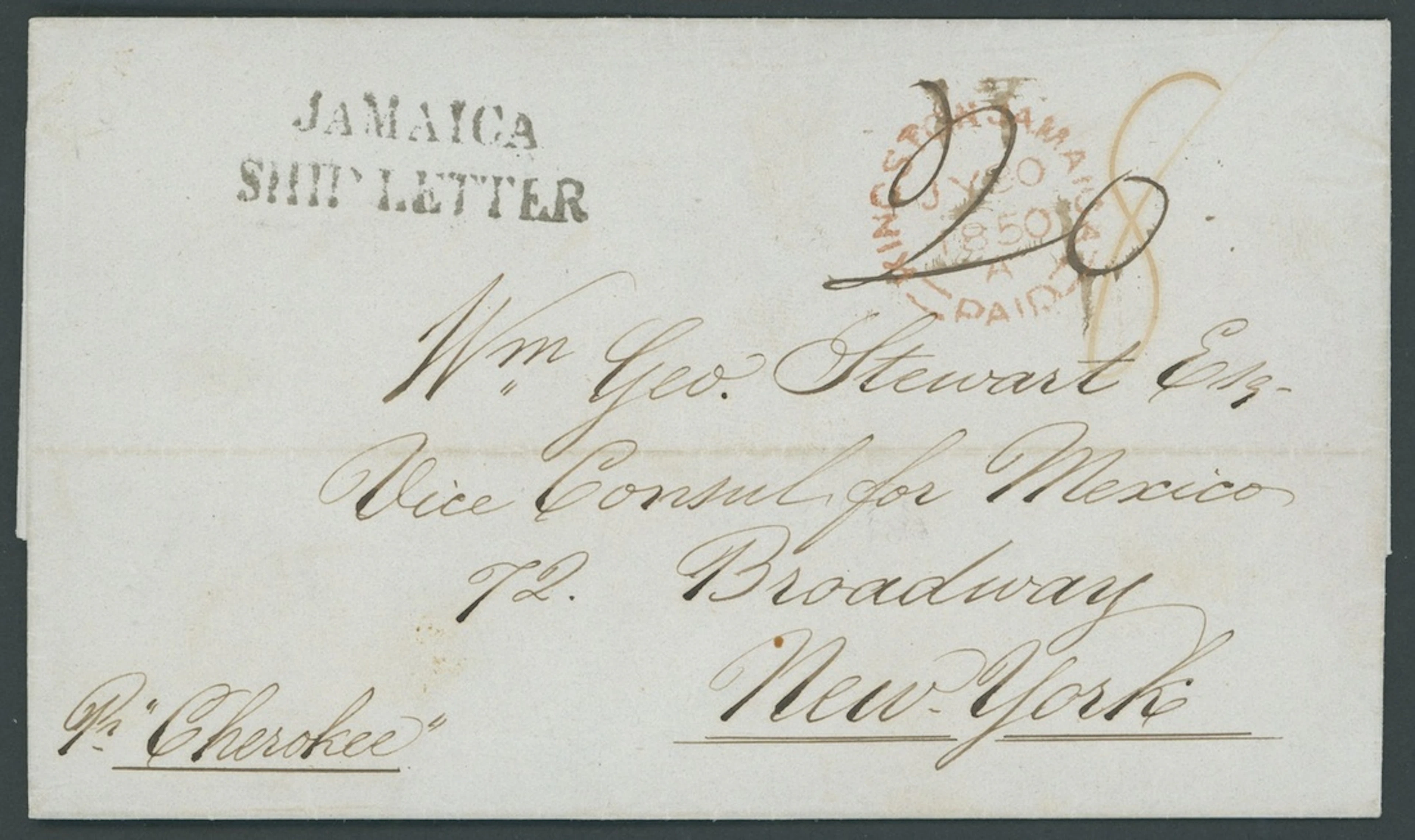 Jamaica Ship Letter Handstamps 1850 (30 July) entire letter from Kingston