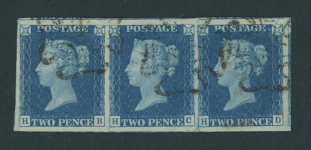 Great Britain 1840 Two Pence Blue Plate 2 HB-HD, horizontal strip