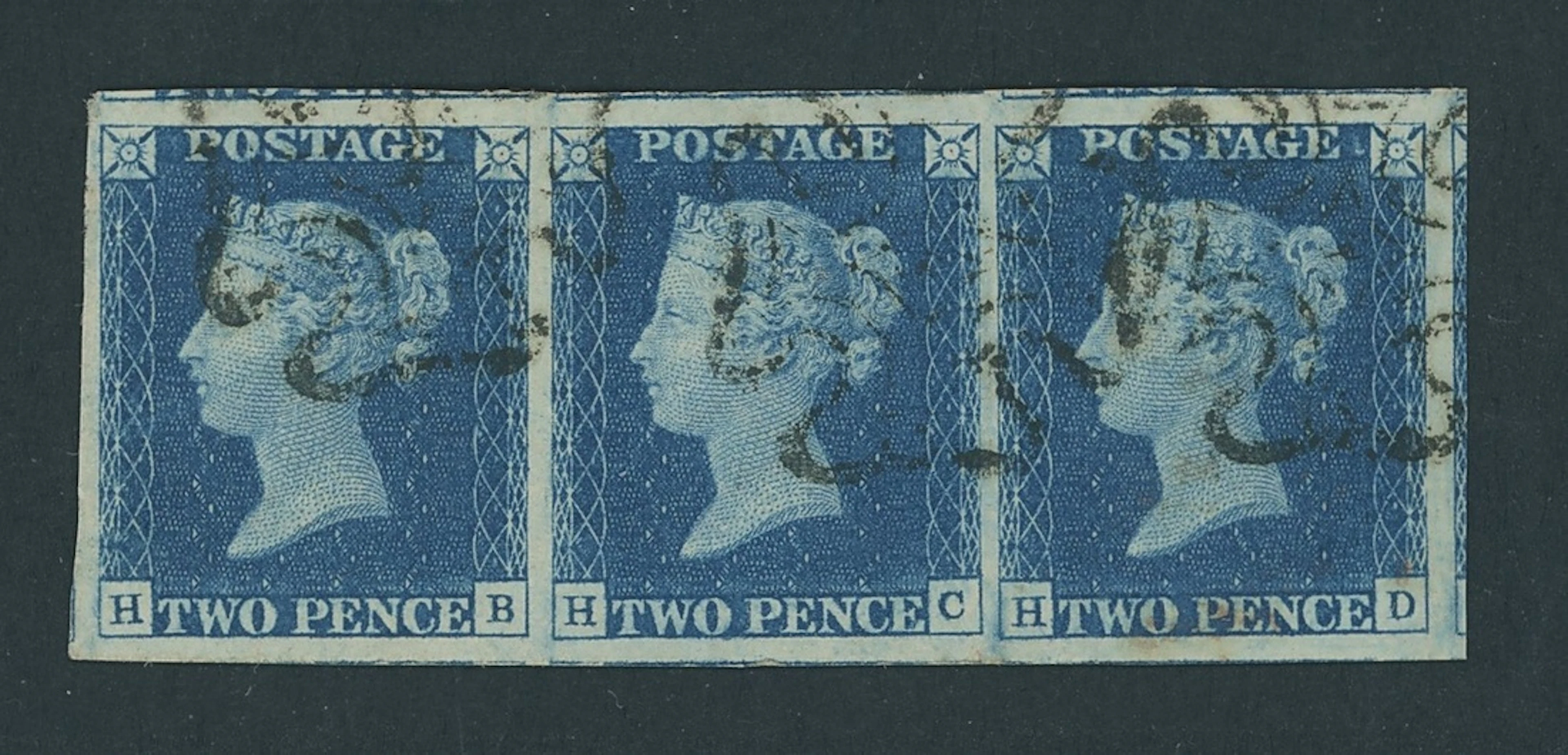 Great Britain 1840 Two Pence Blue Plate 2 HB-HD, horizontal strip