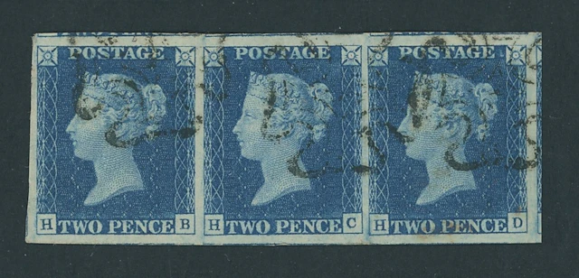 Great Britain 1840 Two Pence Blue Plate 2 HB-HD, horizontal strip