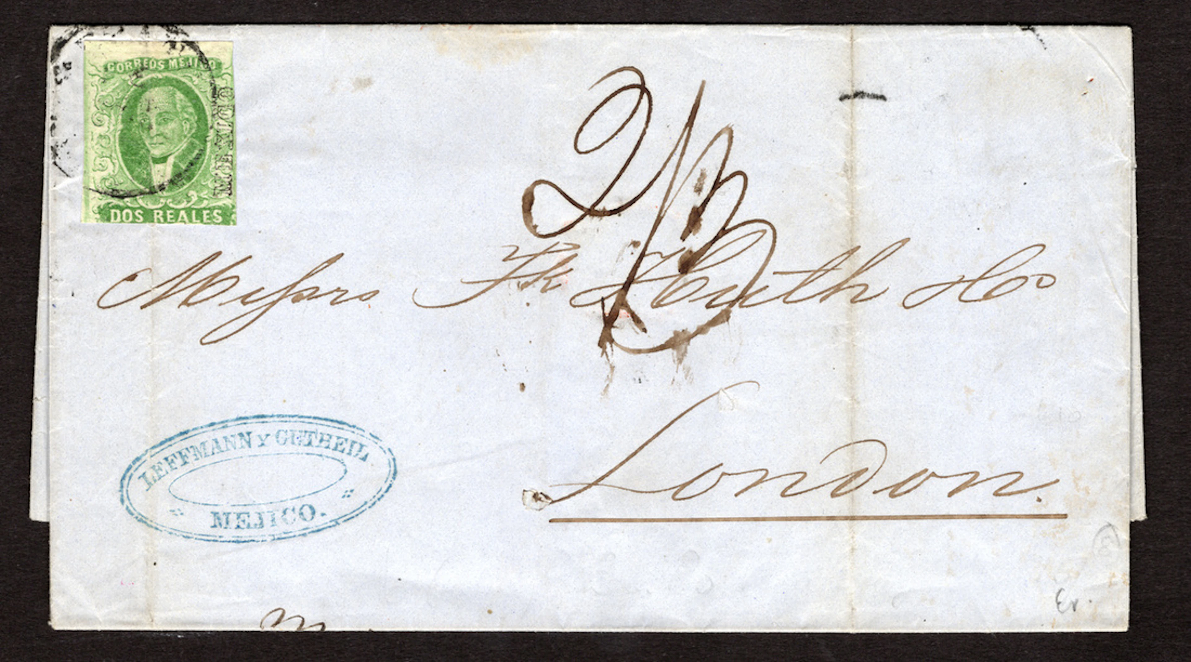 1856 "Hidalgos" Mexico District. 2r. Green, cut into the design at