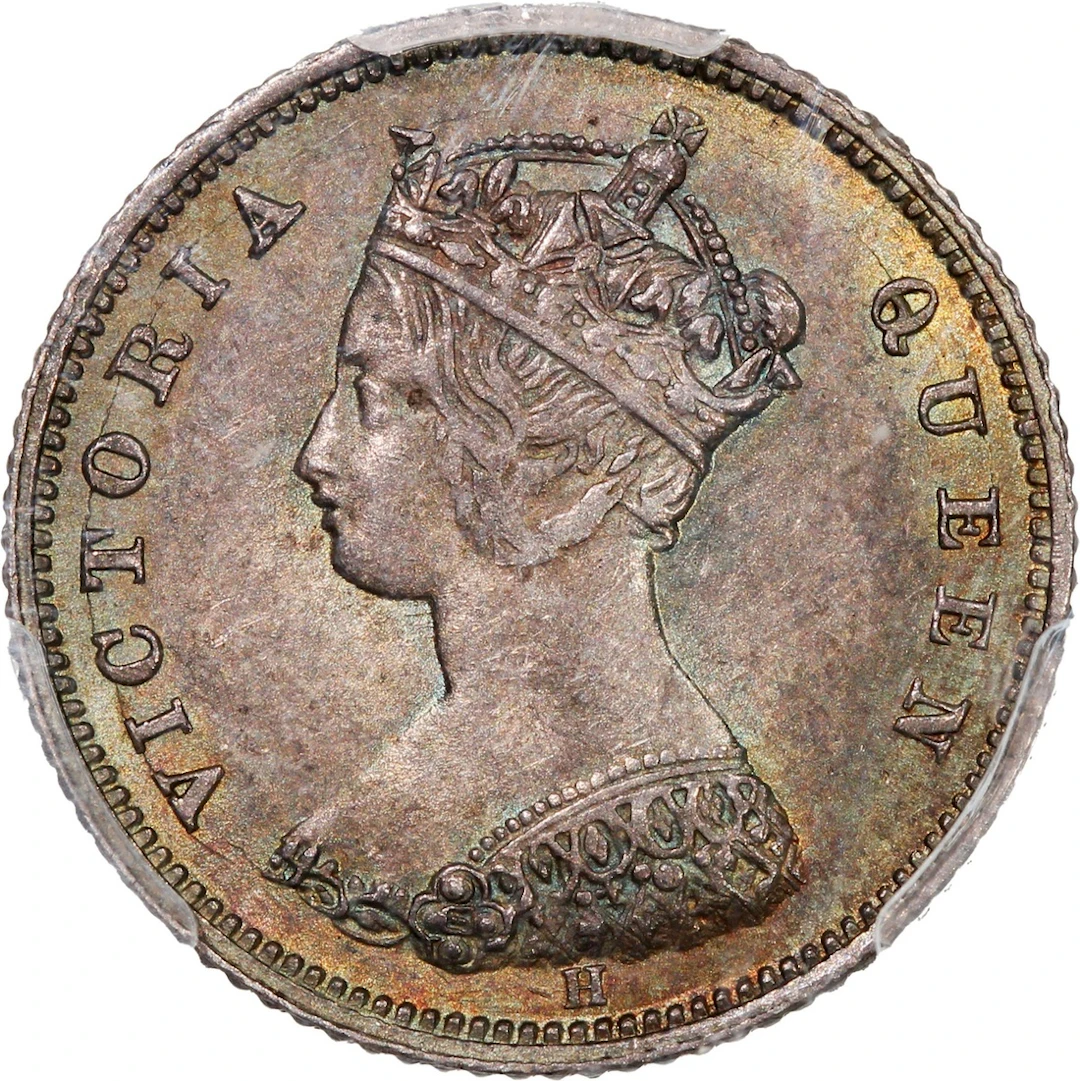 Hong Kong, [PCGS MS62] silver 10 cents, 1873 over 63H, flat top '3' type