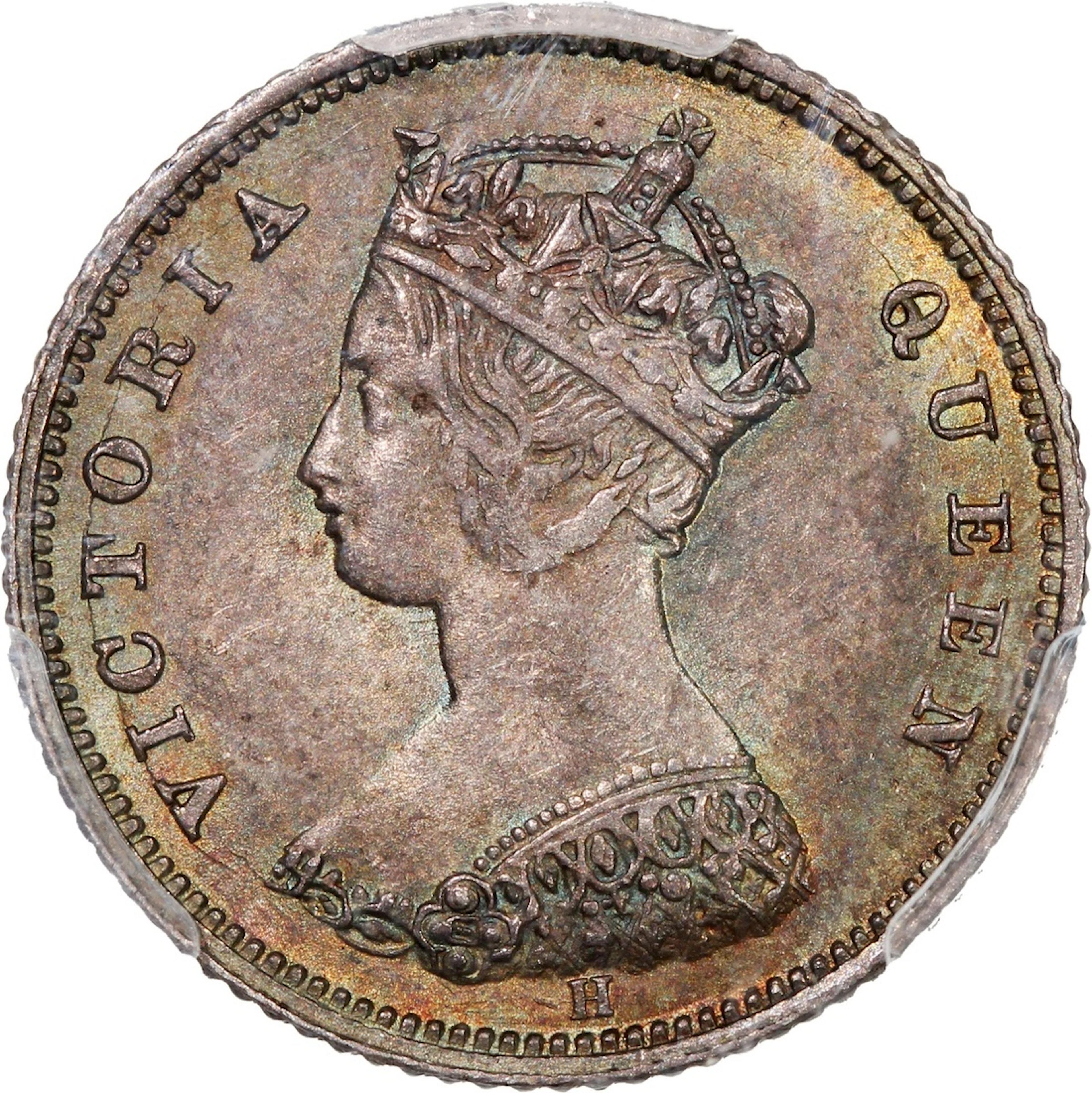 Hong Kong, [PCGS MS62] silver 10 cents, 1873 over 63H, flat top '3' type