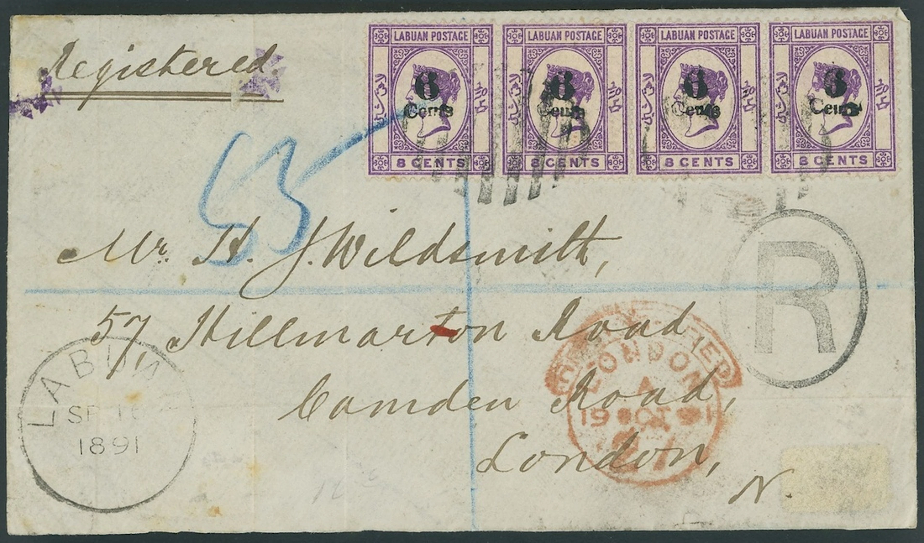 Labuan 1891-92 Surcharges Covers 1891 (16 Sept.) Wildsmith front registered