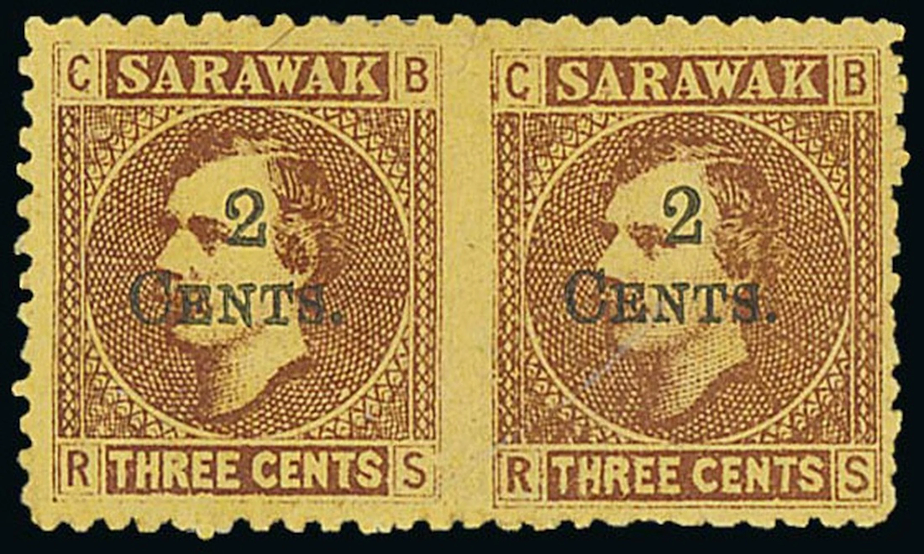 Sarawak 1899 Provisional Surcharges 2c. on 3c. brown on yellow horizontal