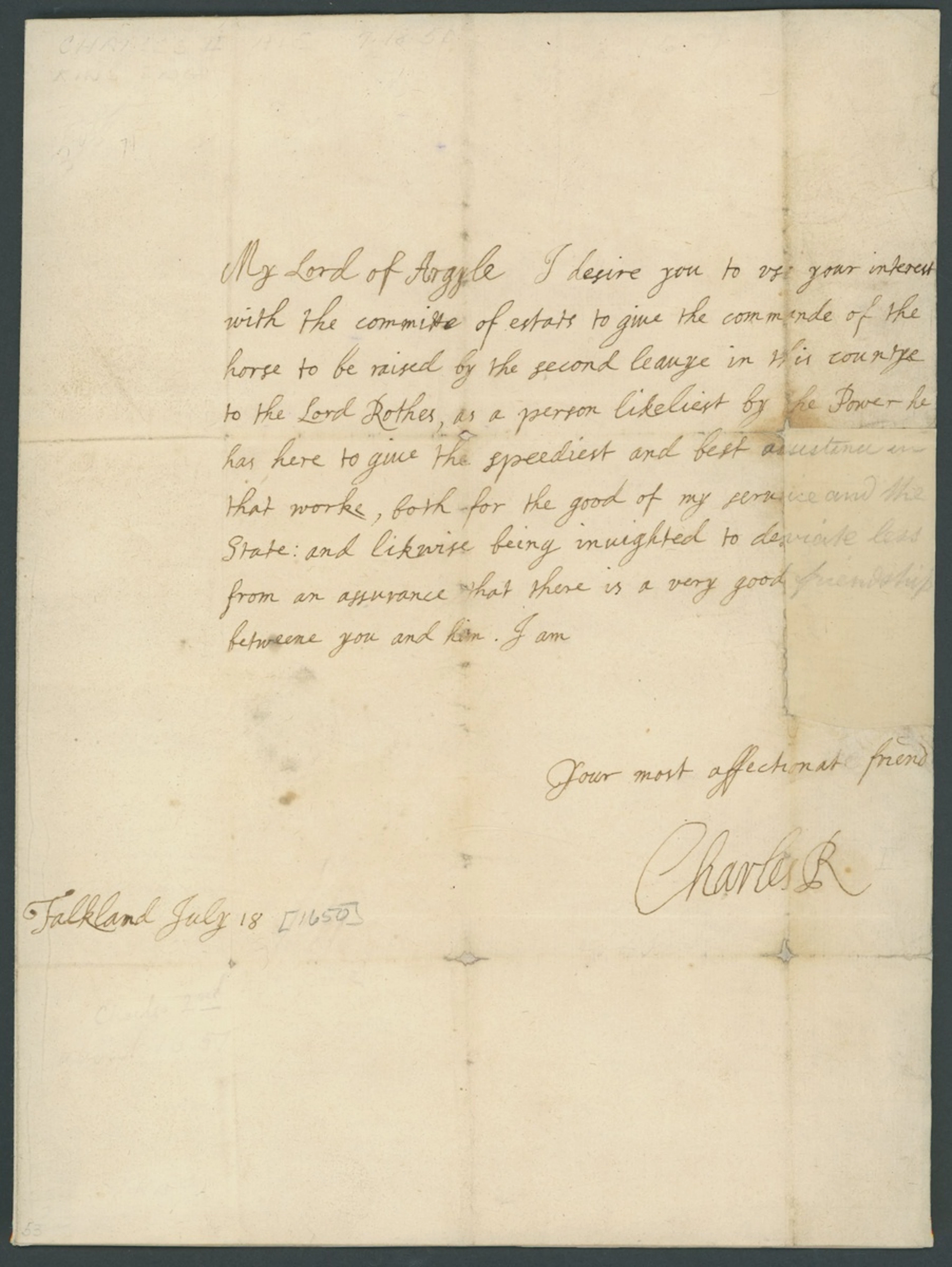 King Charles II 1650 (18 July) letter signed "Charles R" (aged just