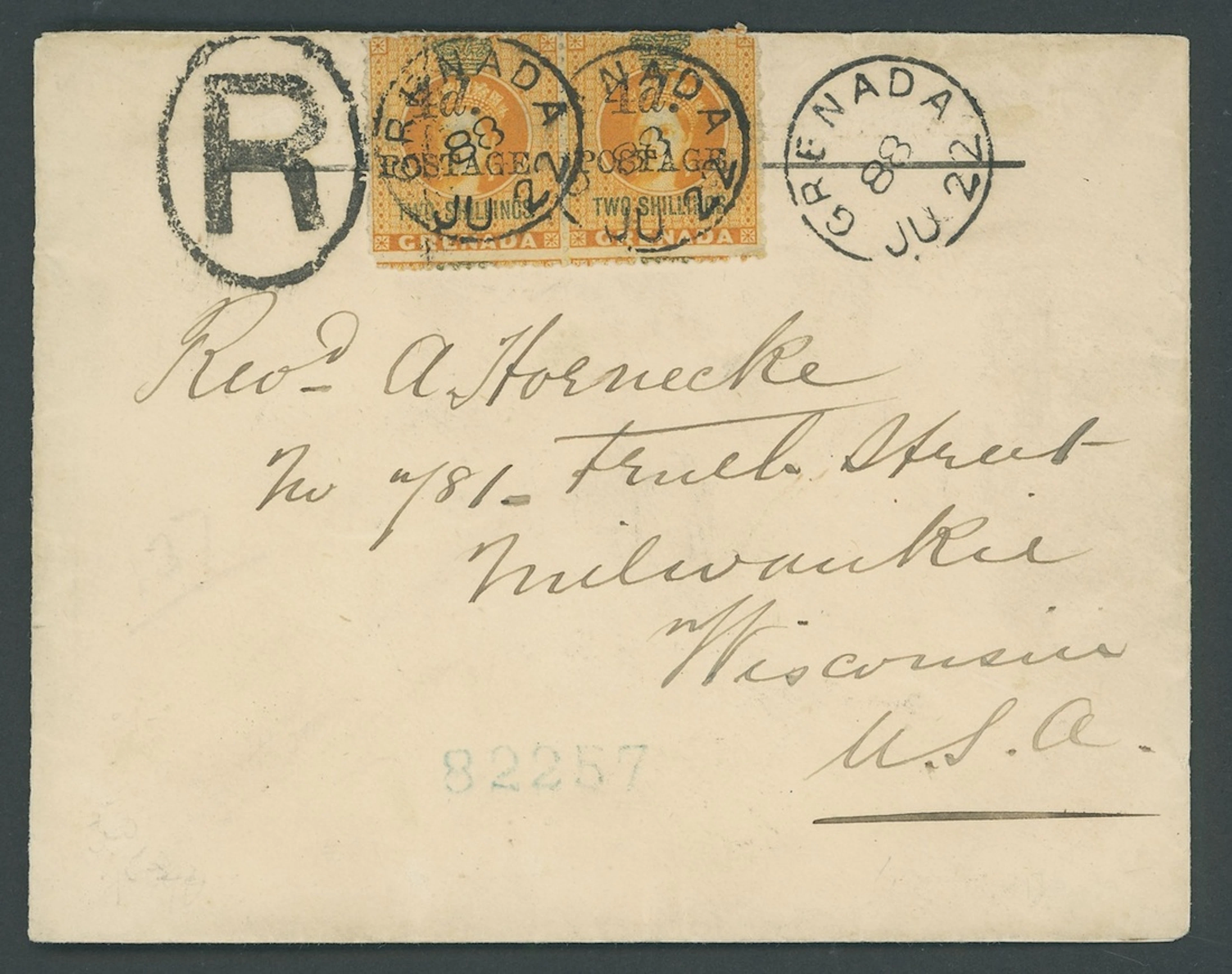 Grenada Issued Stamps 1888 (Mar.) 4mm. spacing, 4d. on 2/- pair on