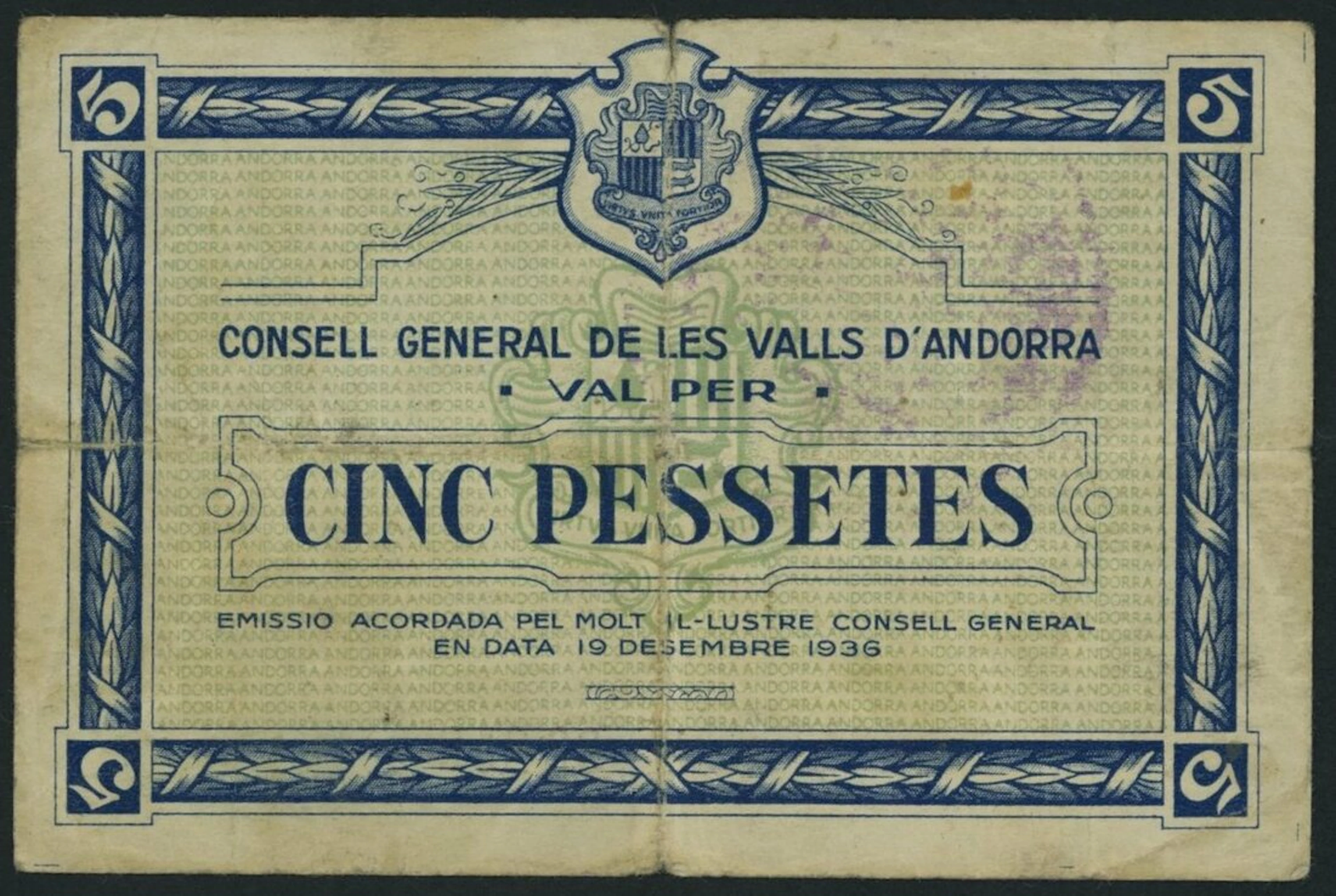 Consell General de les Valls, Andorra, 5 Pessetes, 19th December 1936