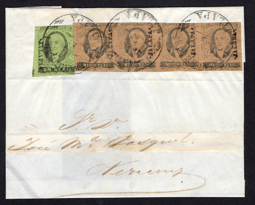 1856 "Hidalgos" Jalapa. ½r. Black on Brown, strip of four, and 1r.