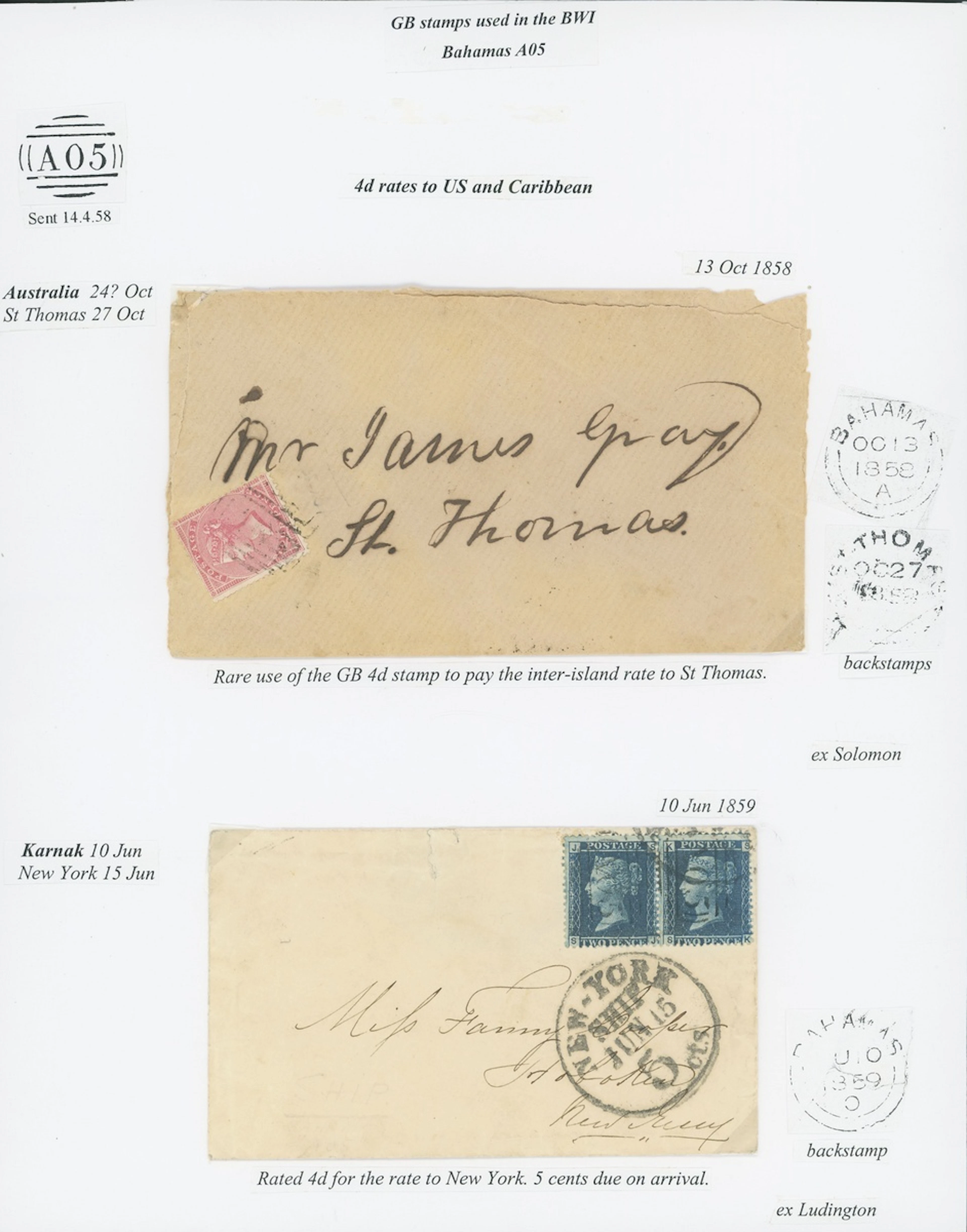Bahamas Great Britain used in Bahamas 1859 (10 June) envelope to New