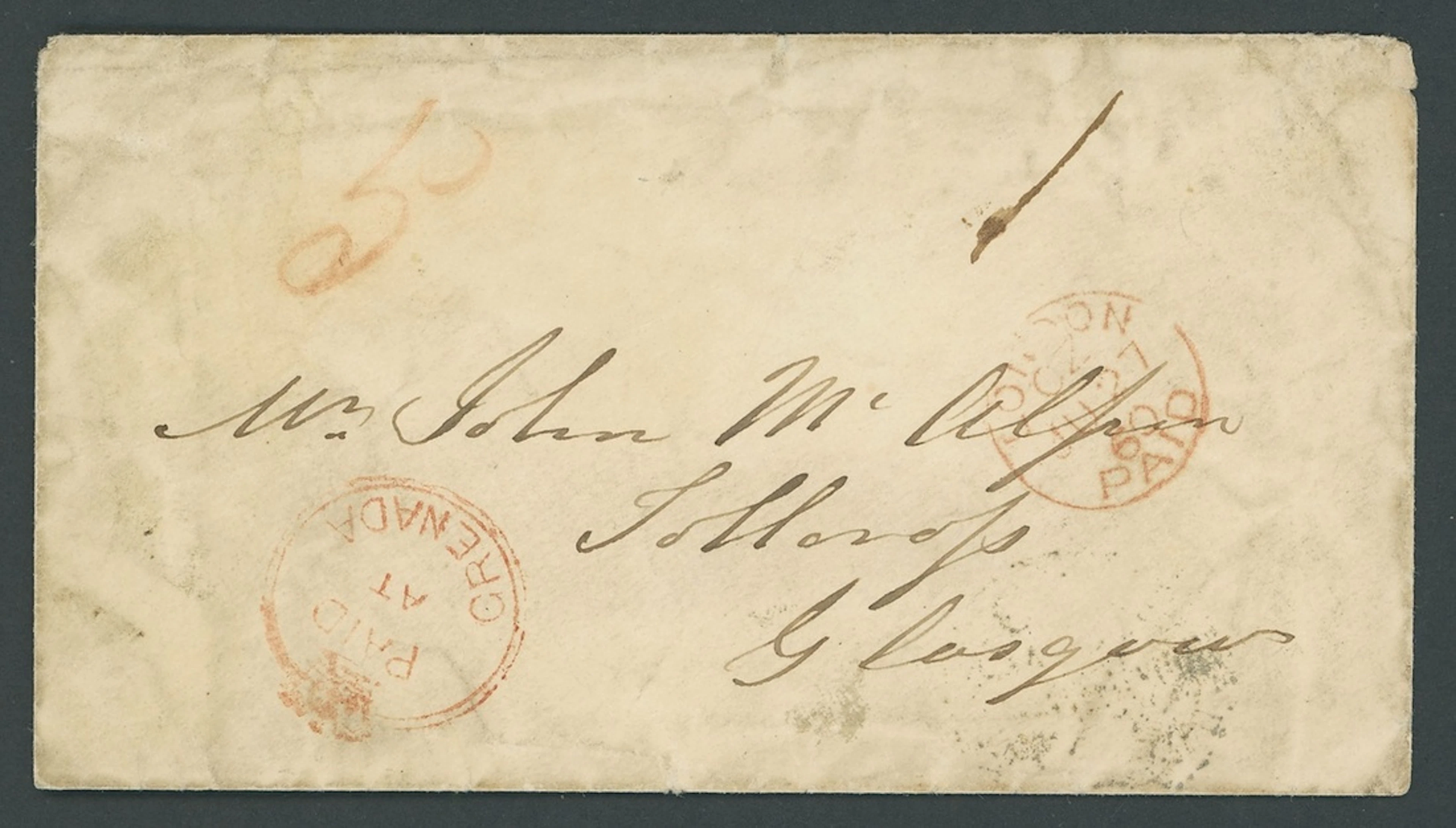 Grenada Early Letters and Handstamps 1860 envelope to Glasgow, rated