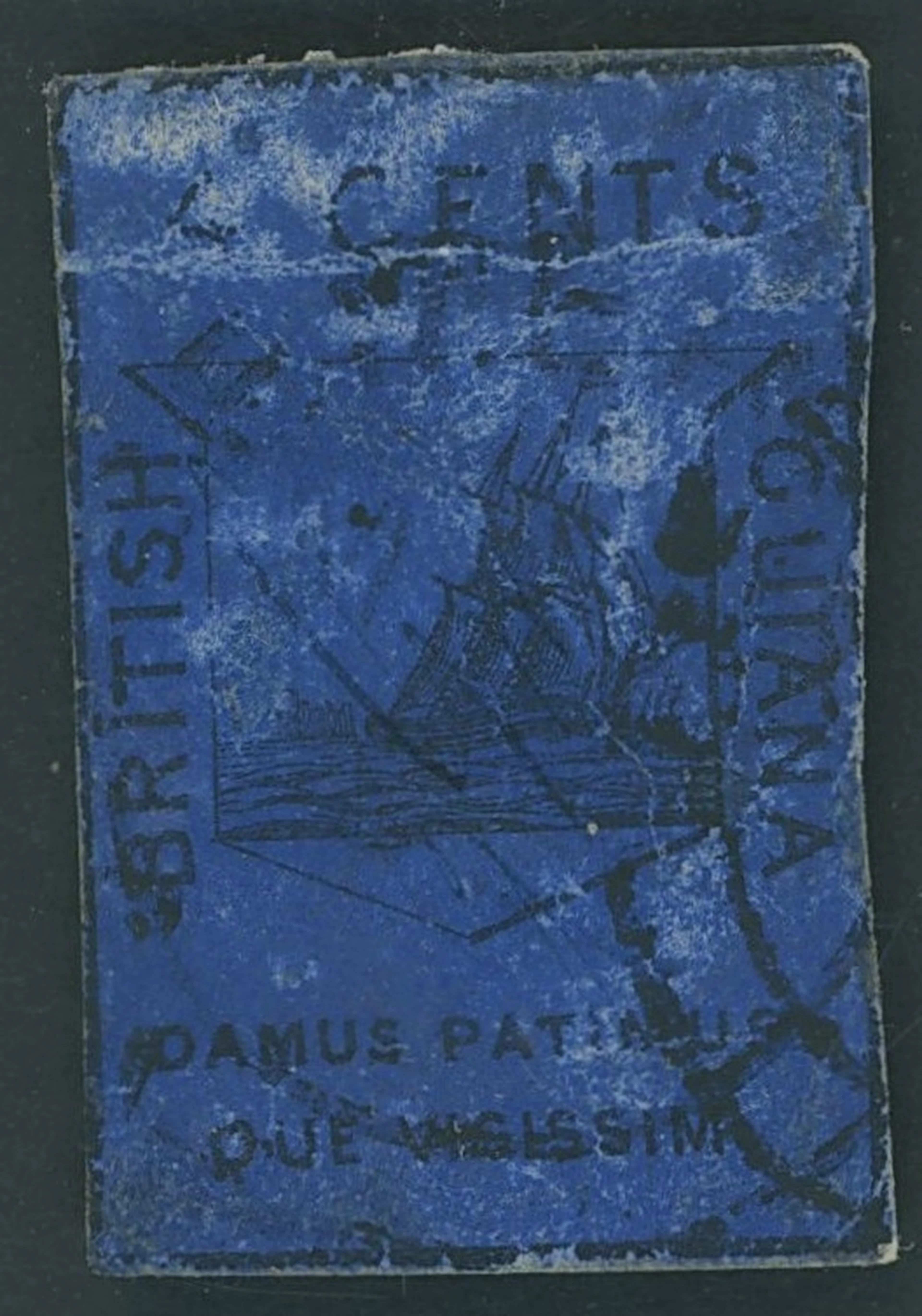 British Guiana 1852 4c. black on deep blue, Type I, cut into frameline