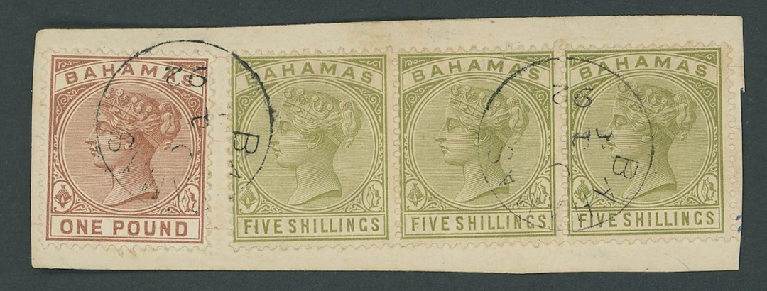 Bahamas 1884-90 CA 5/- sage-green strip of three and £1 Venetian red
