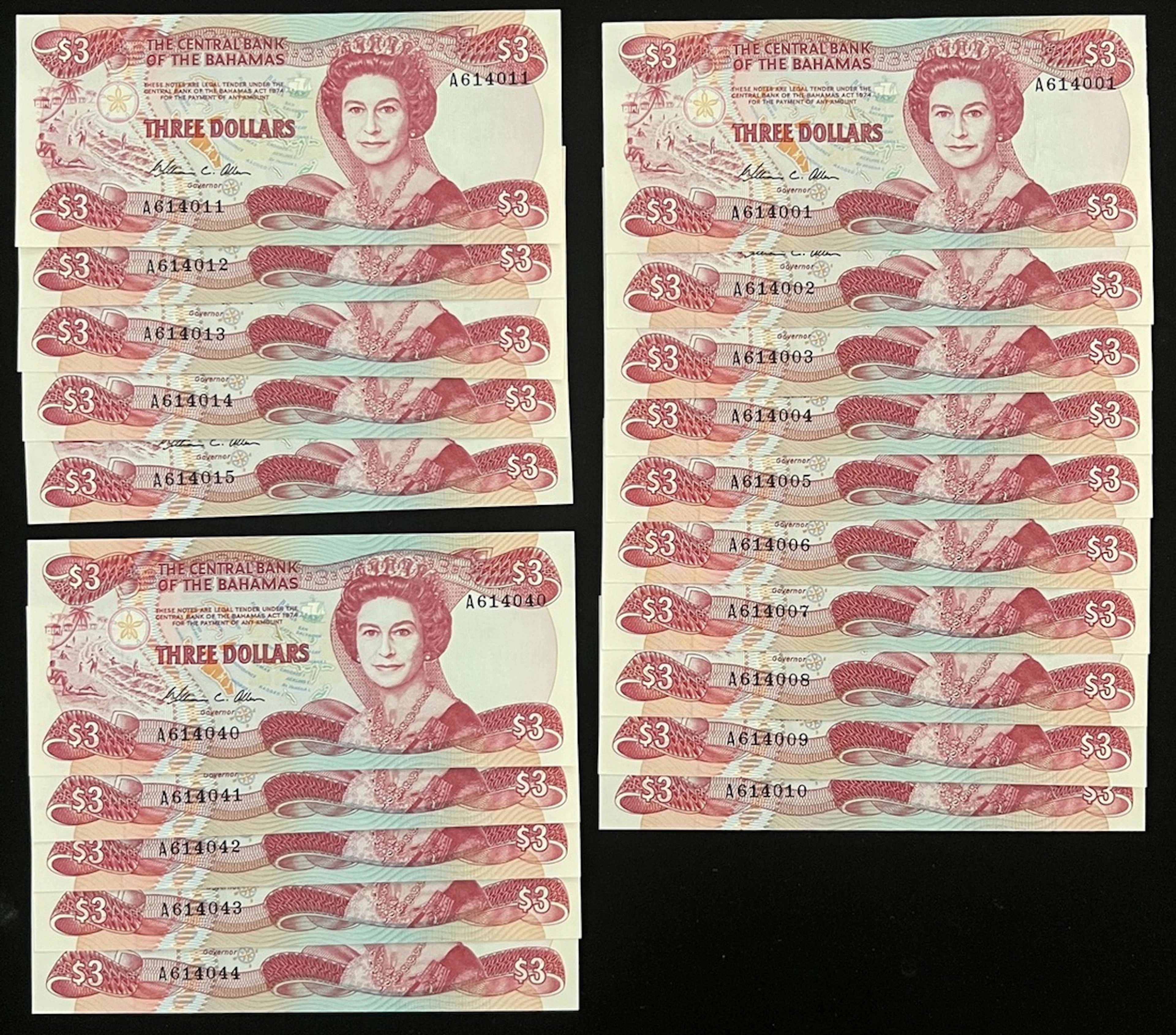 Central Bank of The Bahamas, $3 (20), ND (1986), serial numbers A614001-015