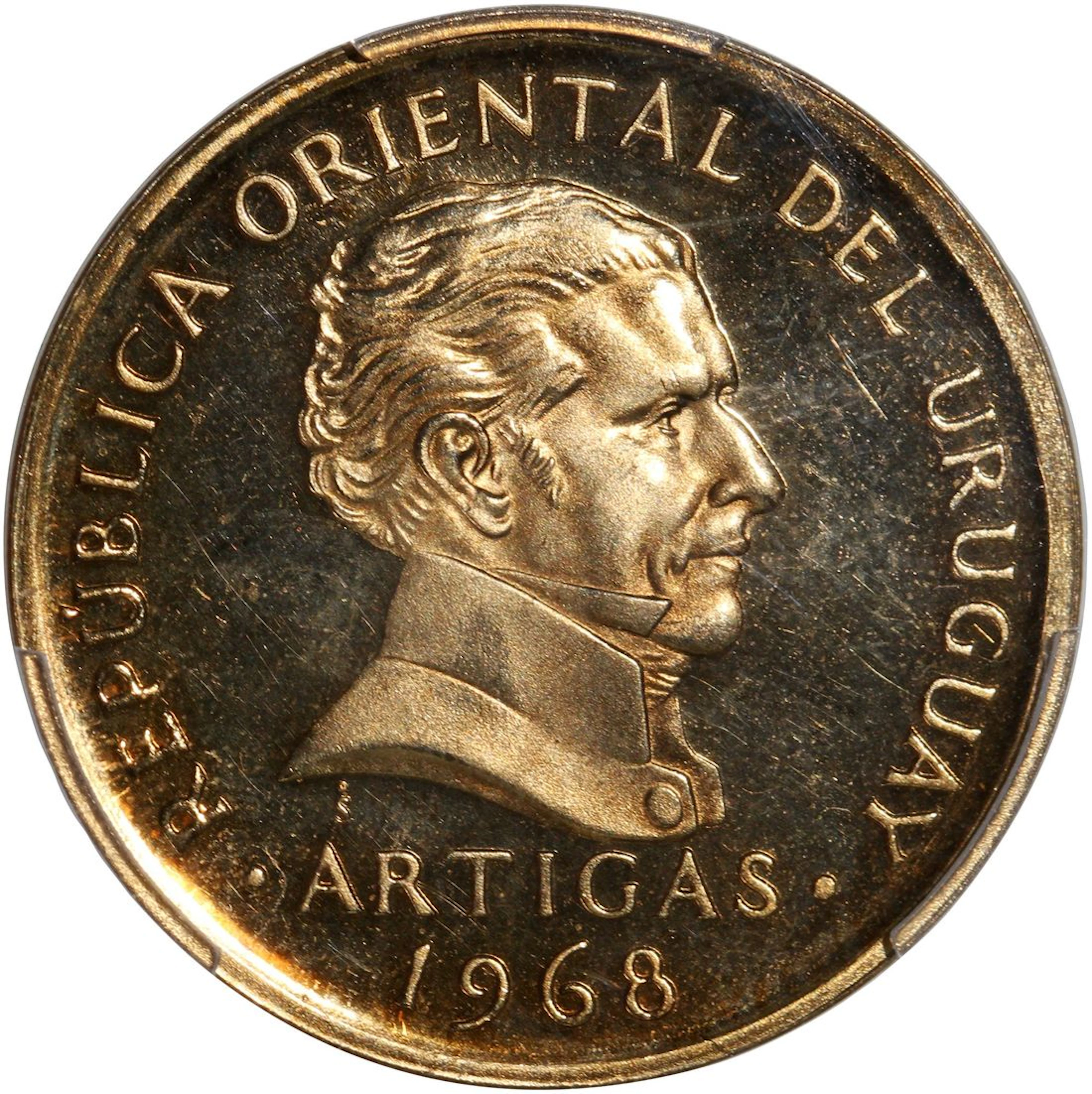 Uruguay, [PCGS PR67DCAM] nickel brass 10 peso, 1968