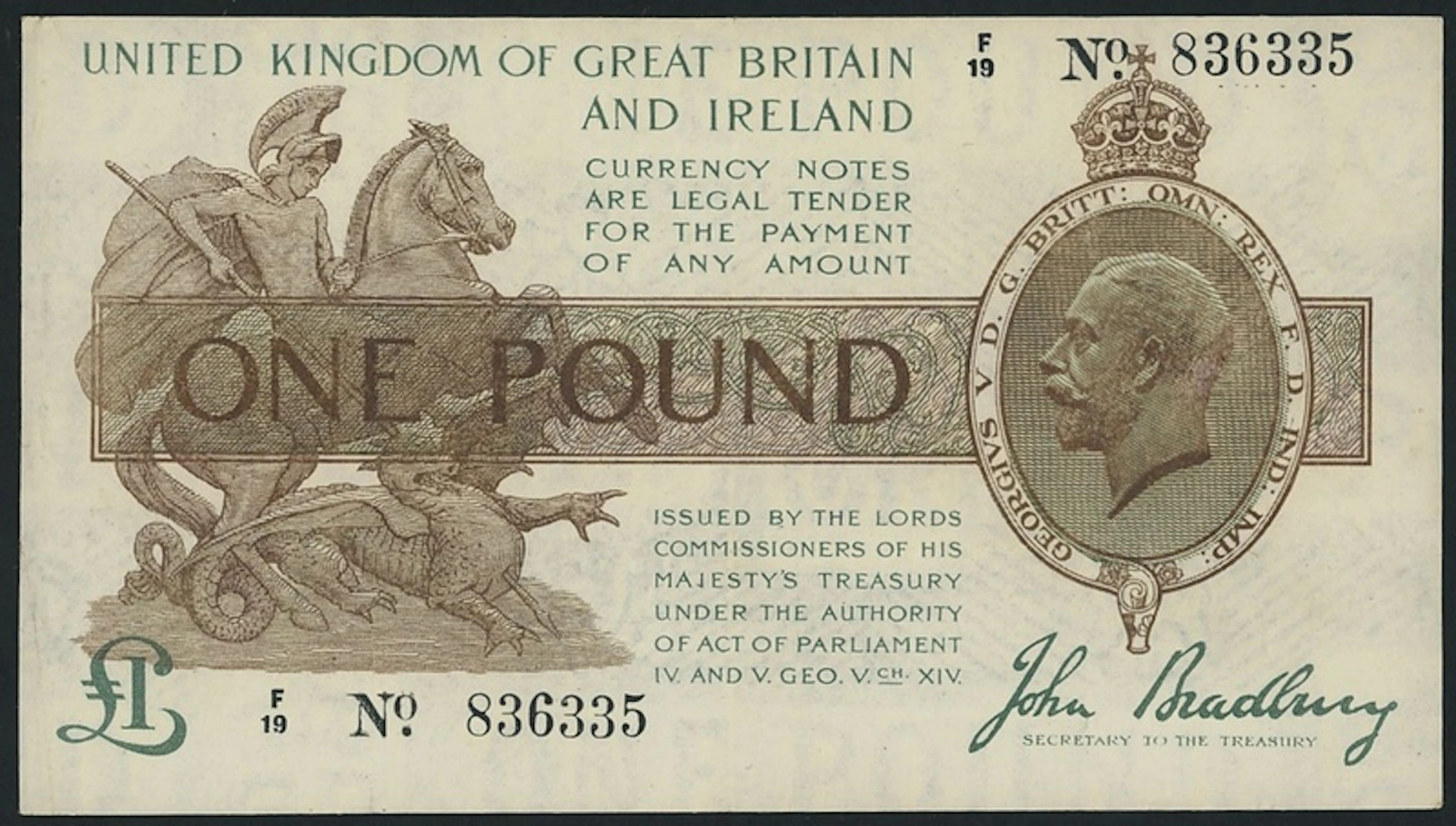 Treasury Series, John Bradbury, £1, ND (1917), serial number F/19