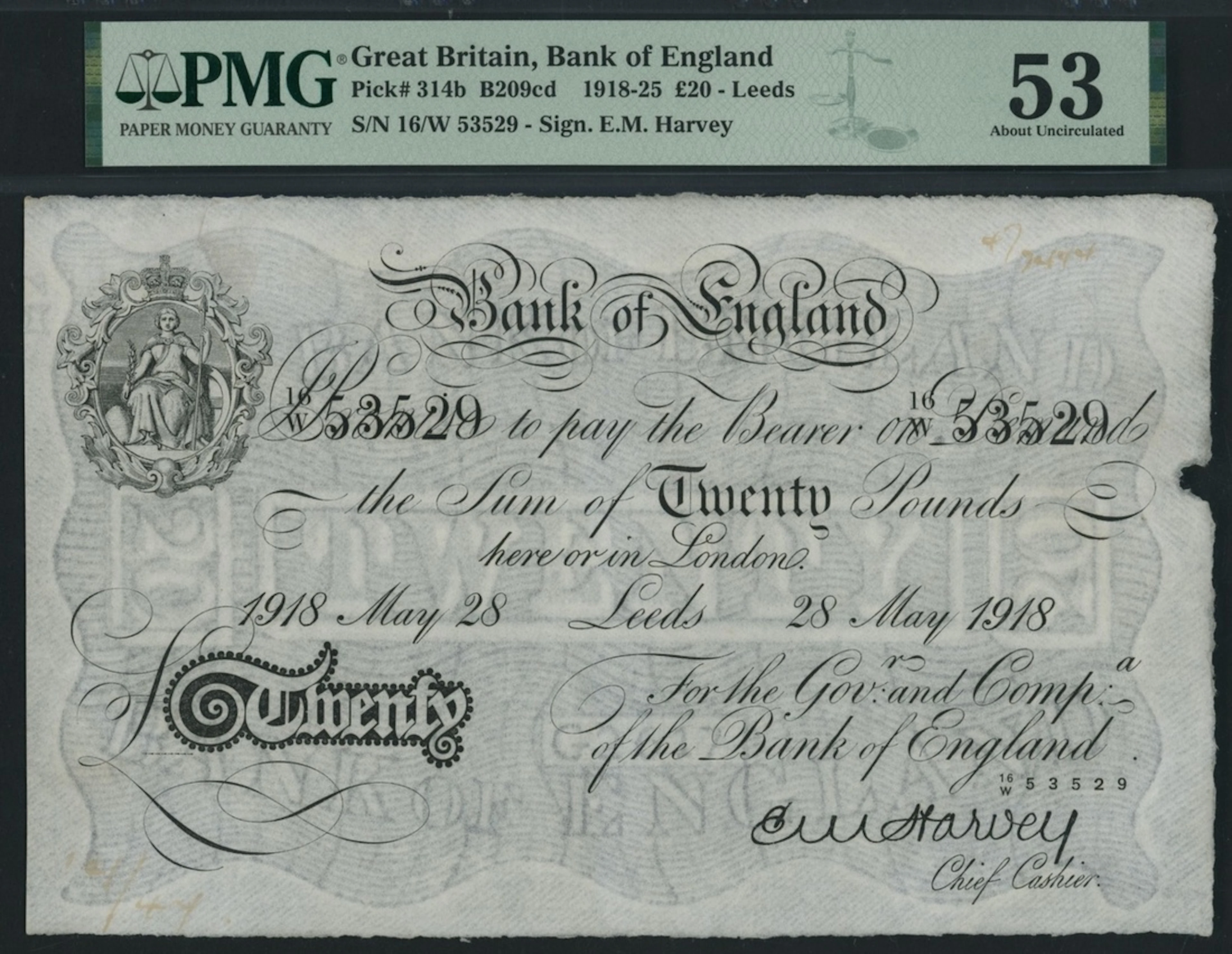 Bank of England, E. M. Harvey, £20, Leeds, 28th May 1918, serial number