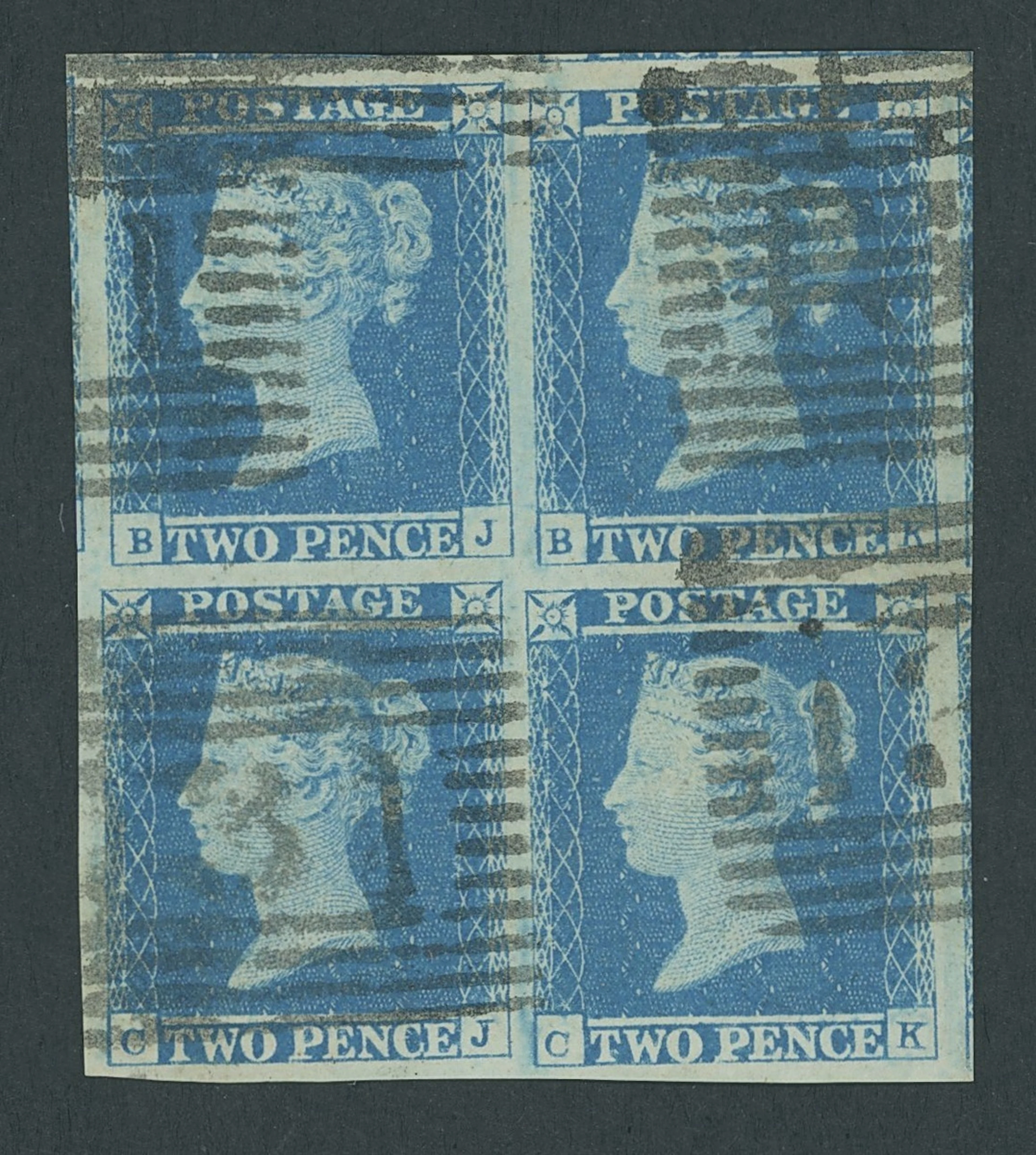 Great Britain 1841 Two Pence Blue Plate 4 BJ-CK, block of four, enormous