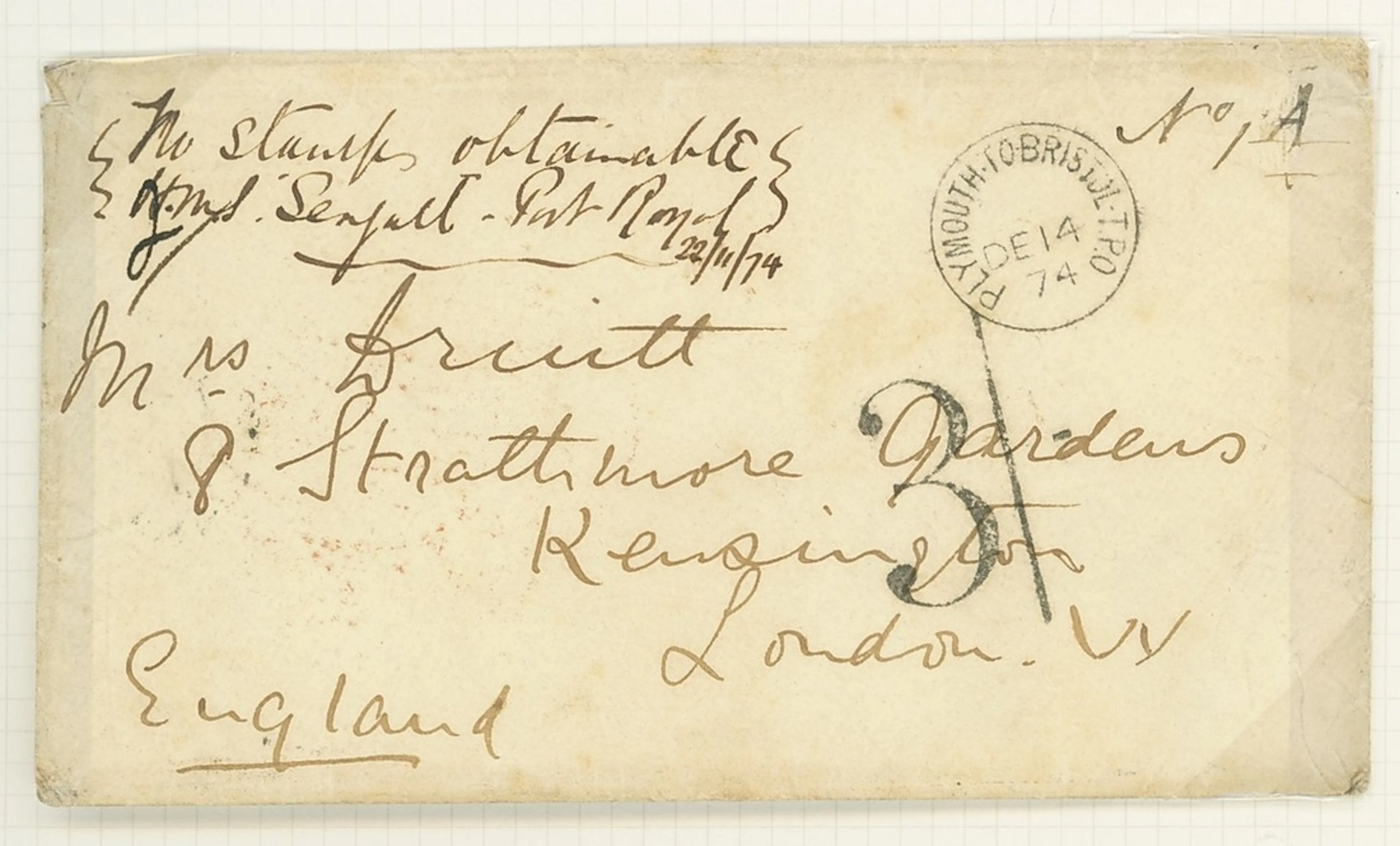 Jamaica Covers and Cancellations 1874 (22-25 Nov.) envelope, complete