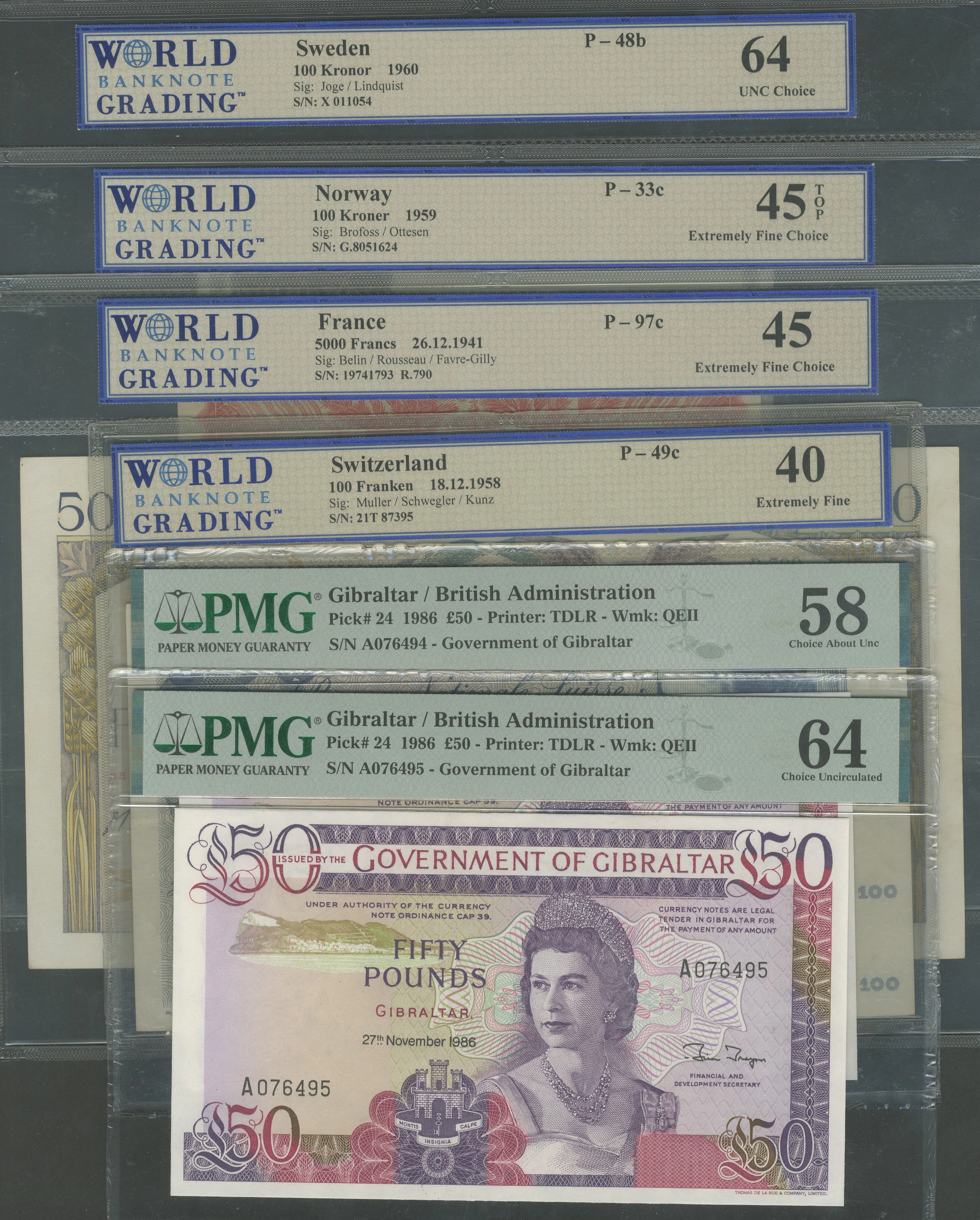 Europe, [6 notes] France, Gibraltar, Norway, Sweden, Switzerland
