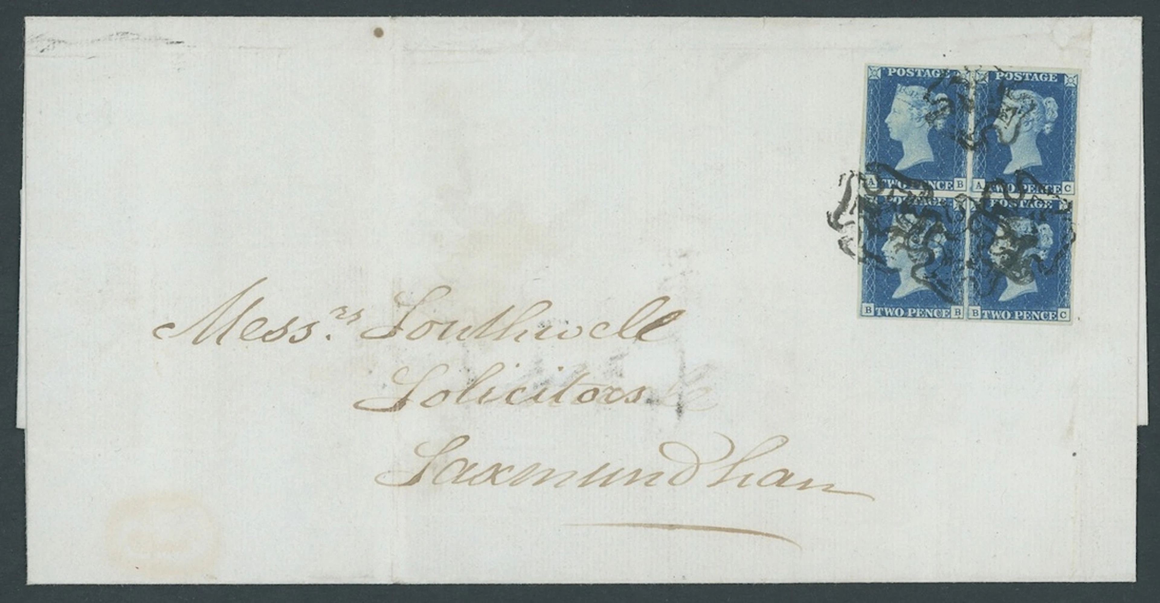Great Britain 1840 Two Pence Blue Plate 2 AB-BC, block of four, tied
