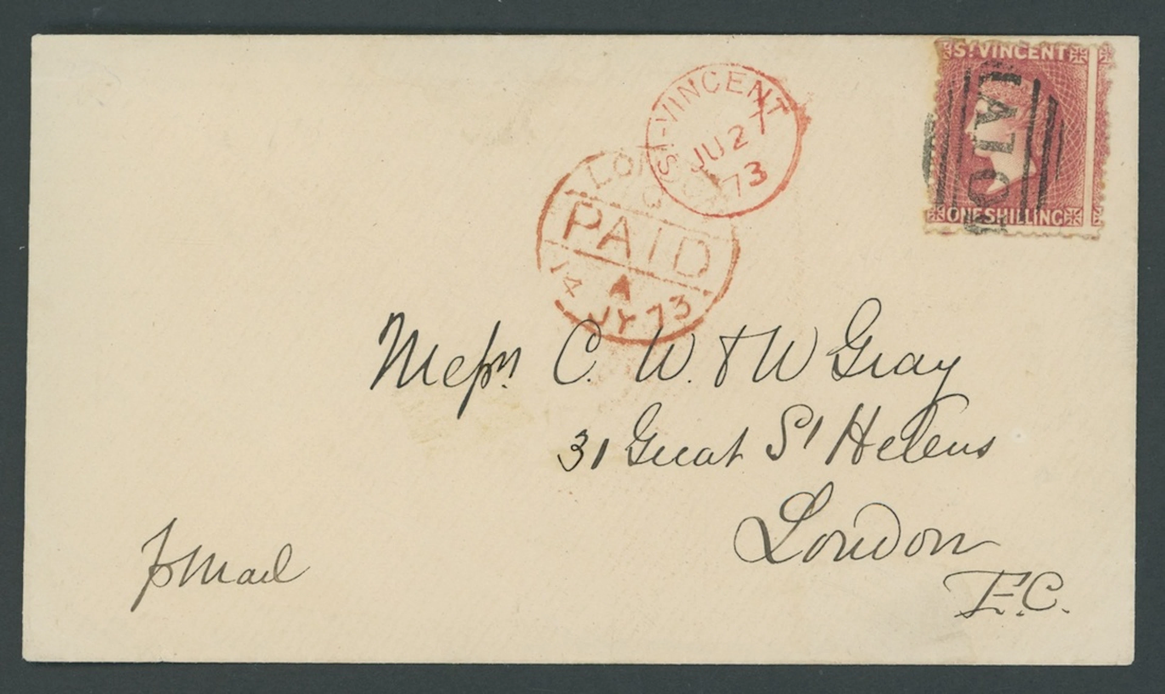 St. Vincent Covers and Cancellations 1873 (27 June) envelope to London
