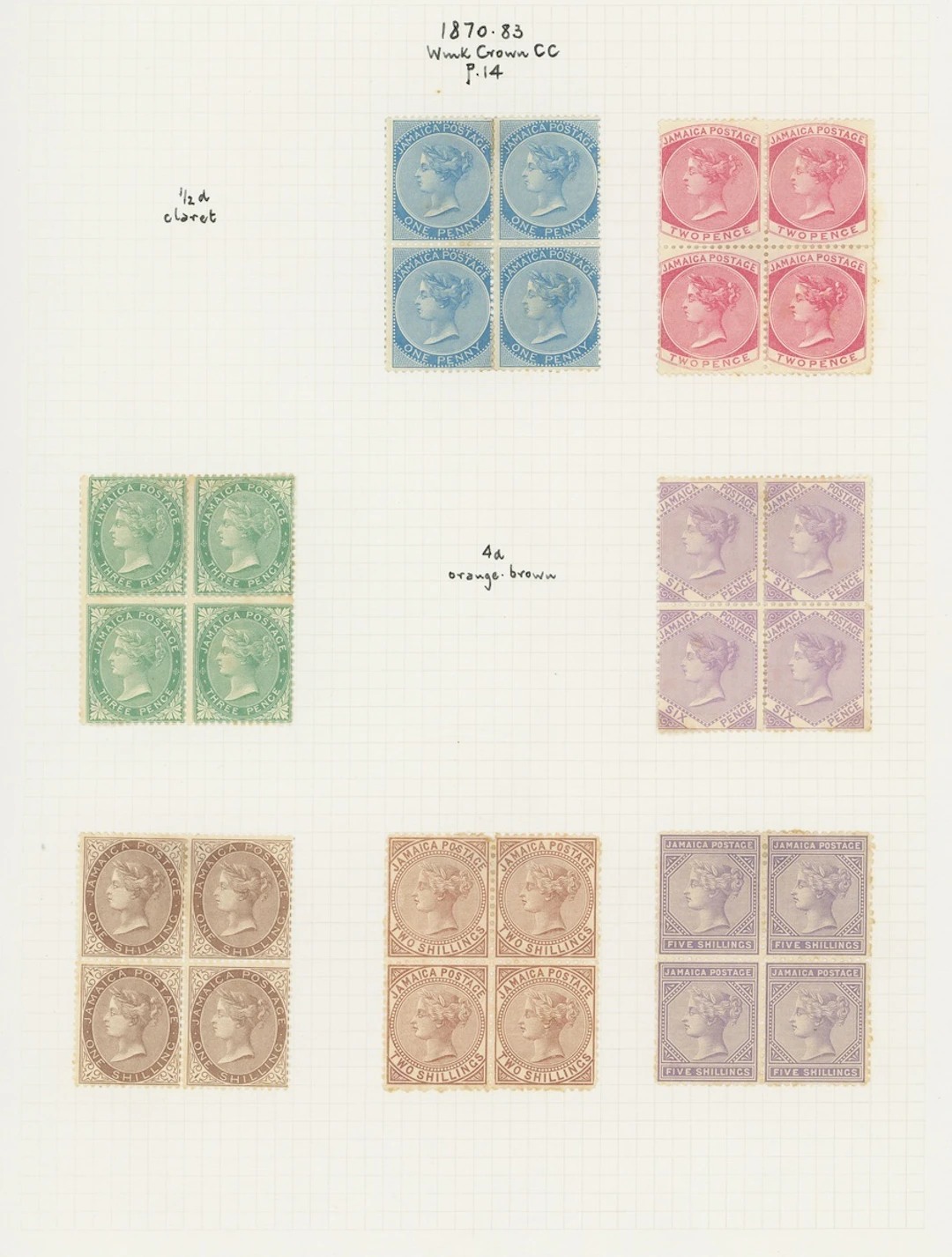 Jamaica 1870-83 CC 1d. blue, 2d. rose, 3d., 6d., 1/-, 2/- and 5/-