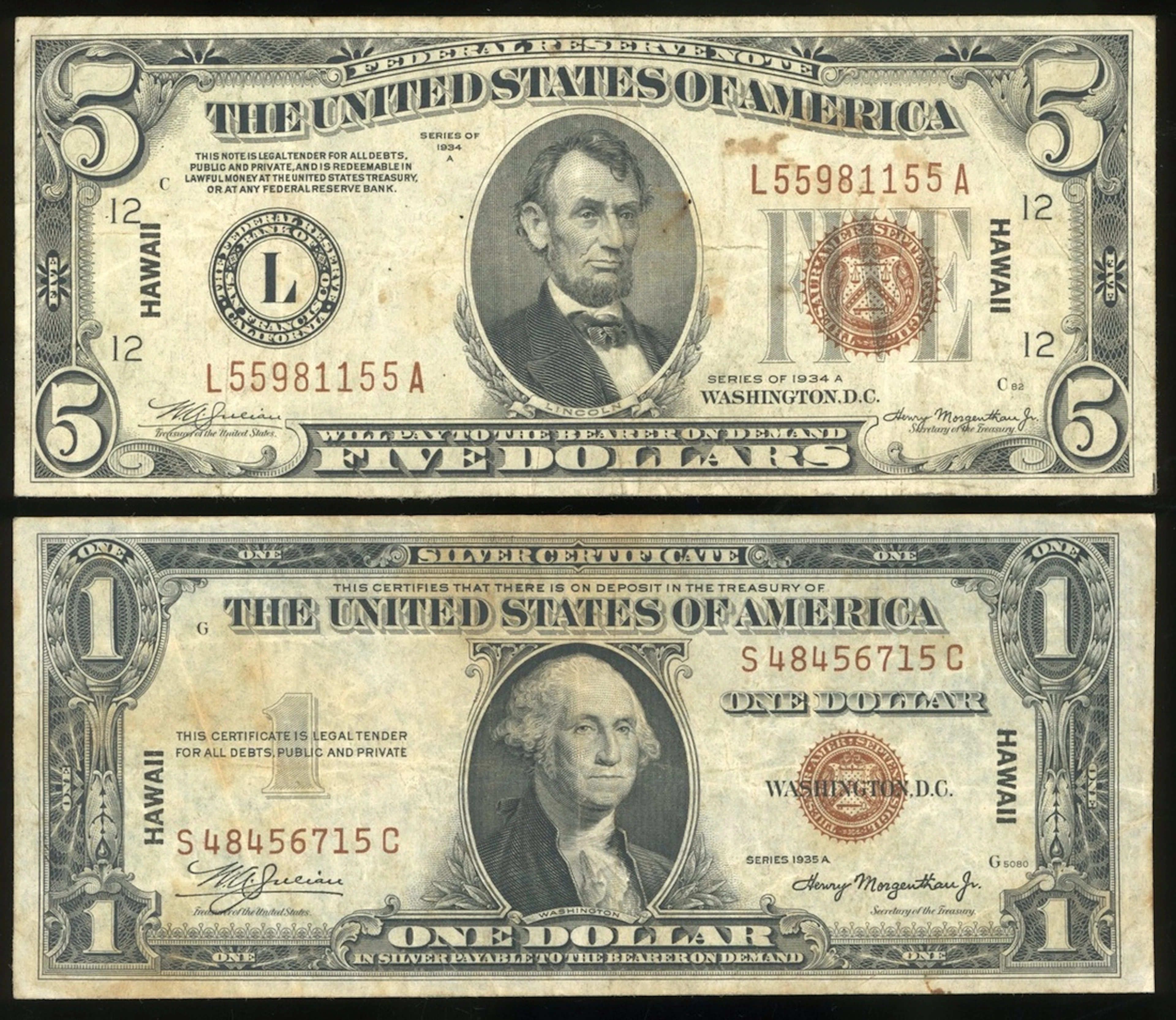 United States, Hawaii Overprint, a pair, $1 and $5, 1935A and 1934A