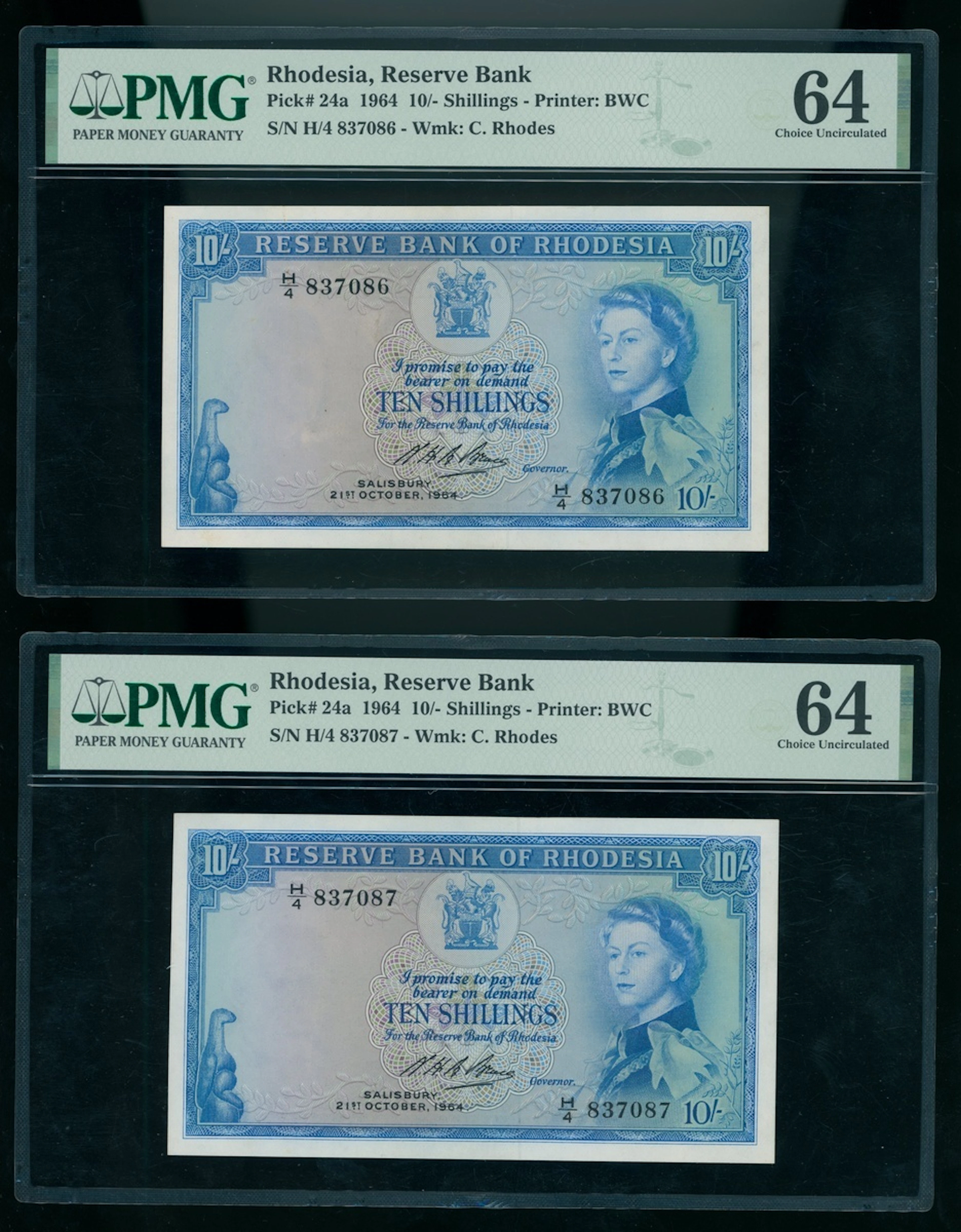 Reserve Bank of Rhodesia, consecutive pair 10 shillings, 21.10.1964