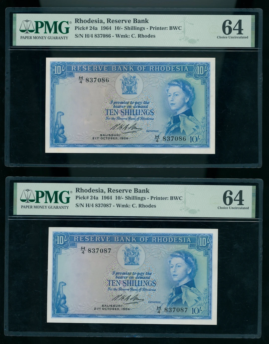 Reserve Bank of Rhodesia, consecutive pair 10 shillings, 21.10.1964
