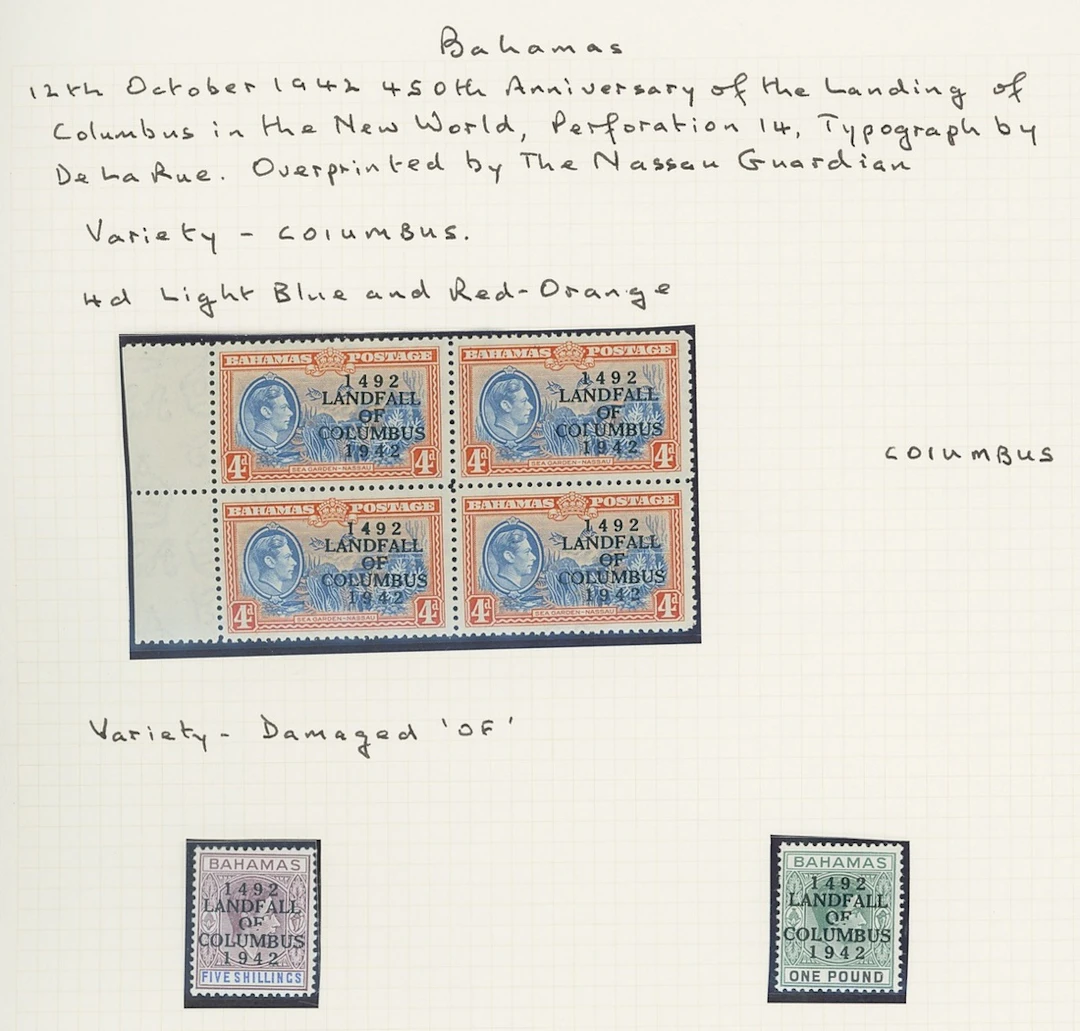 Bahamas 1942 Landfall of Columbus 4d. light blue and red-orange block