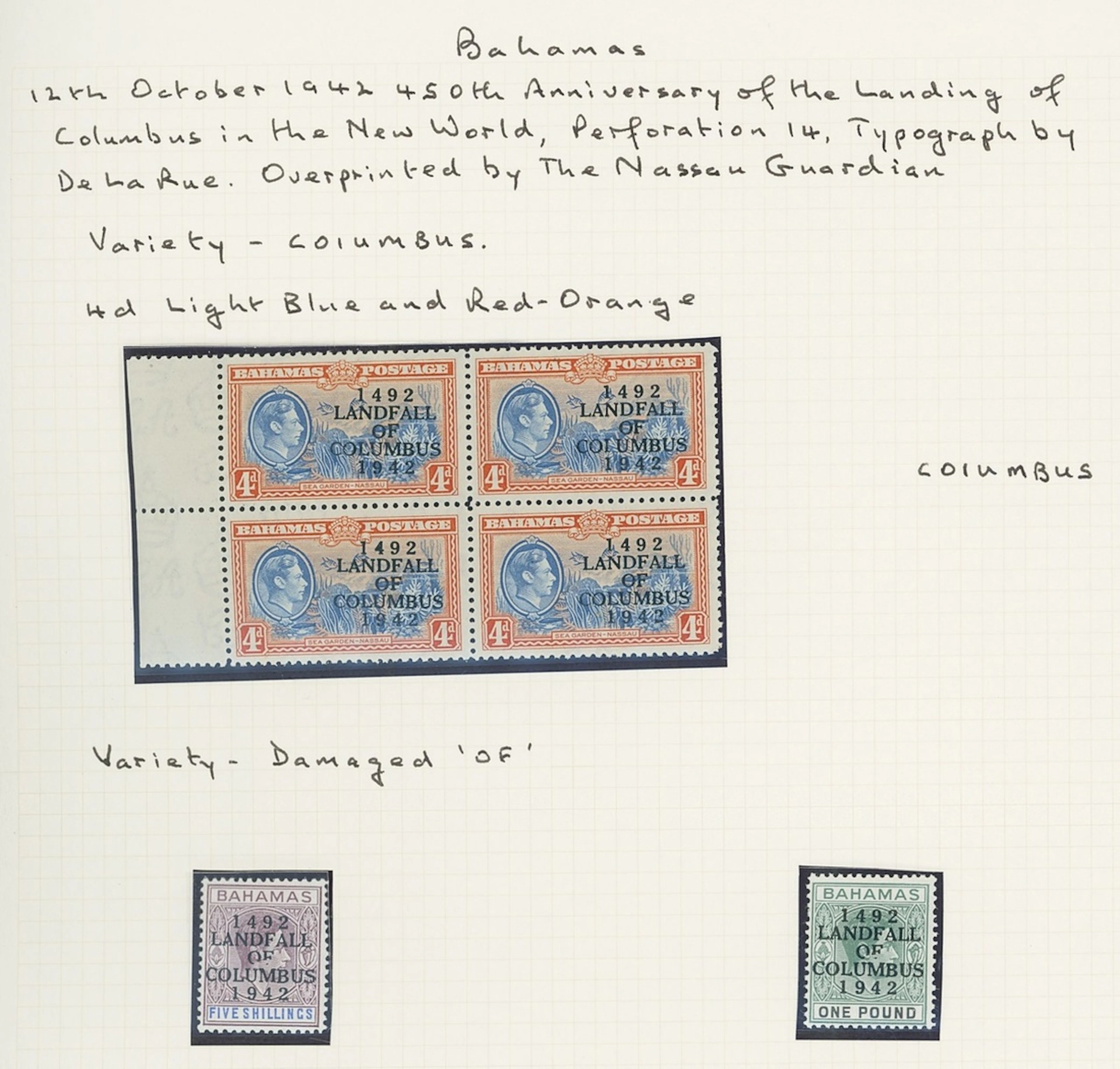 Bahamas 1942 Landfall of Columbus 4d. light blue and red-orange block