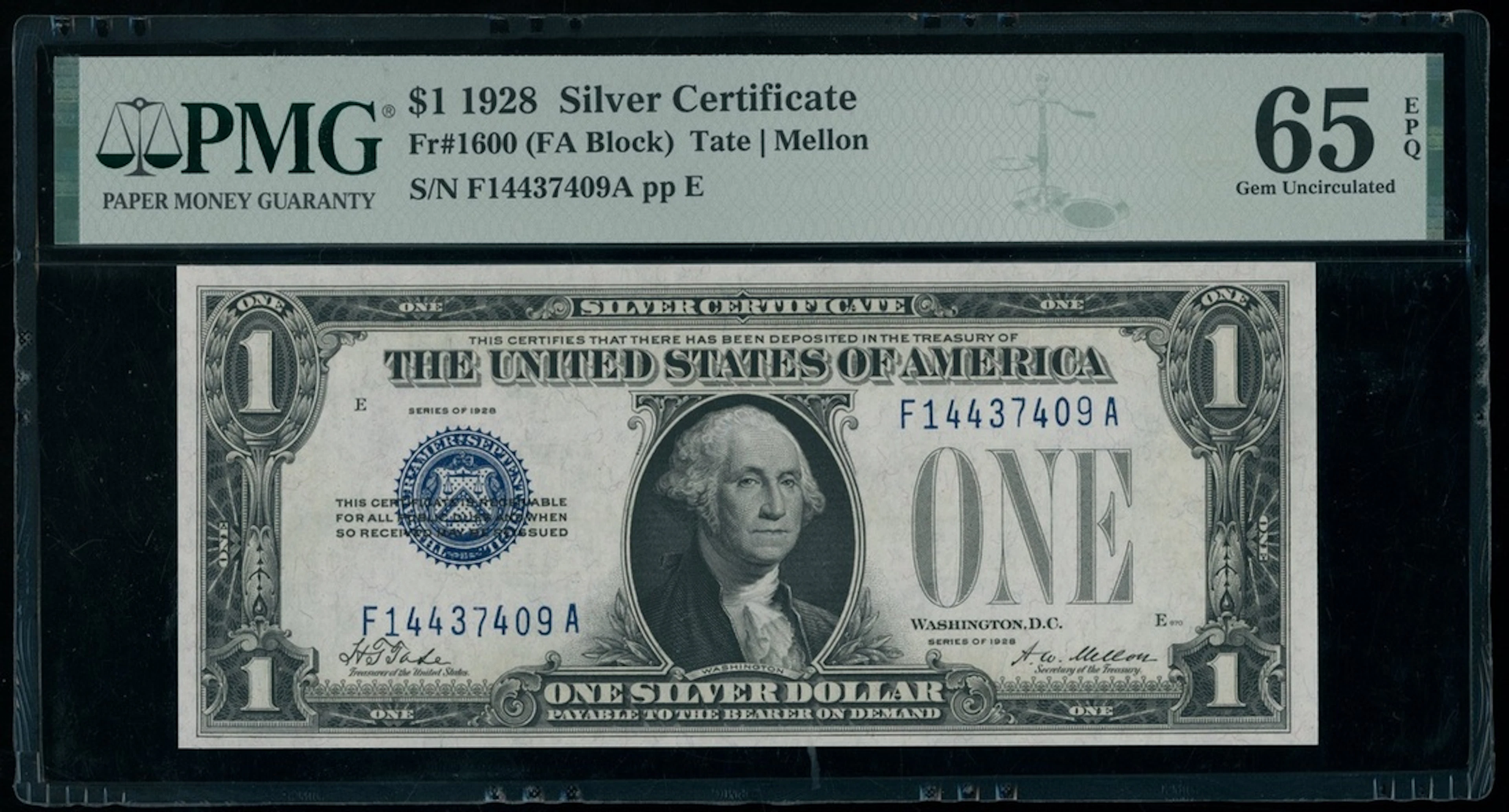 United States, Silver Certificate, $1, 1928, serial number F14437409A