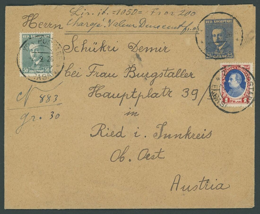 Kingdom of Albania (1928-1939) 1929 (Sept. 7). Insured 25q. stationery