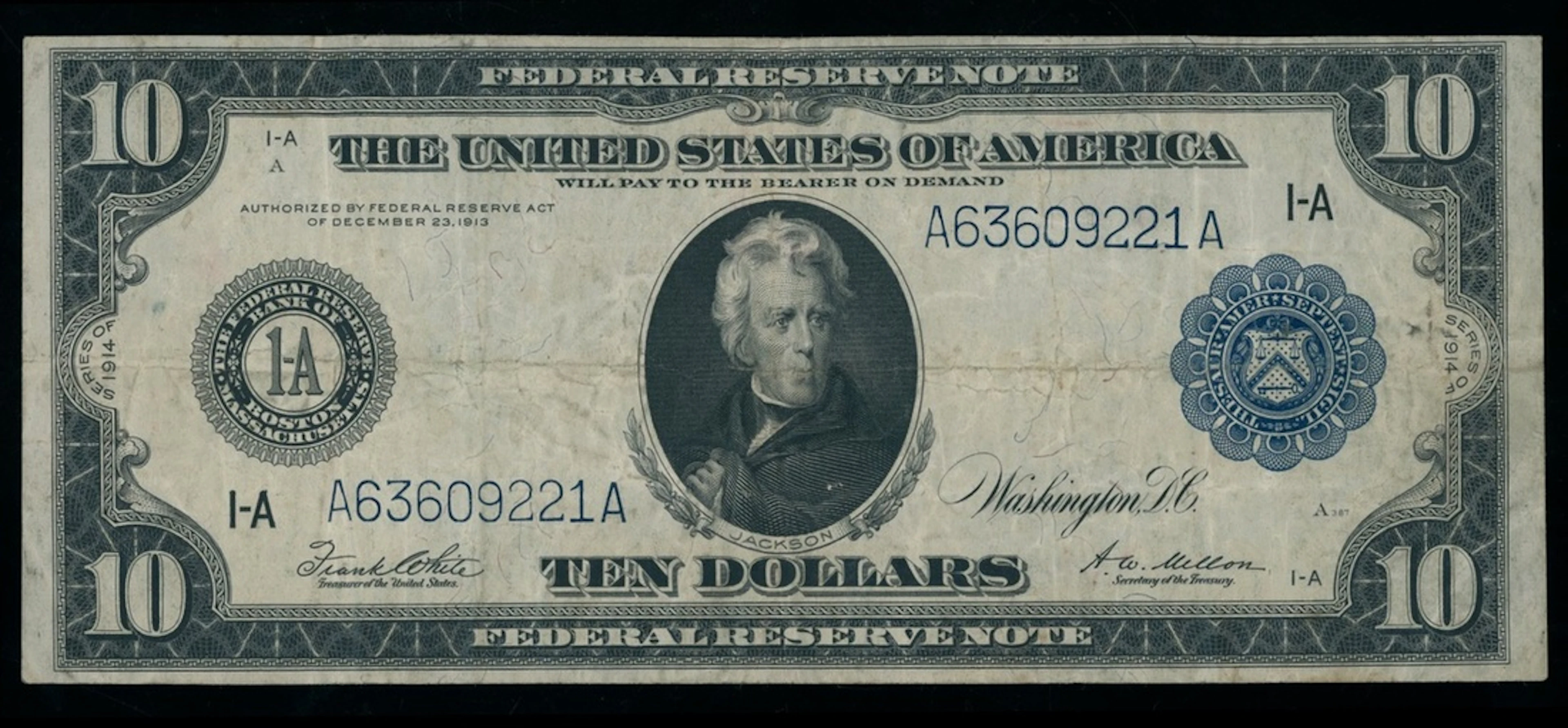 United States, Federal Reserve Note, $10, 1914, serial number A63609221A