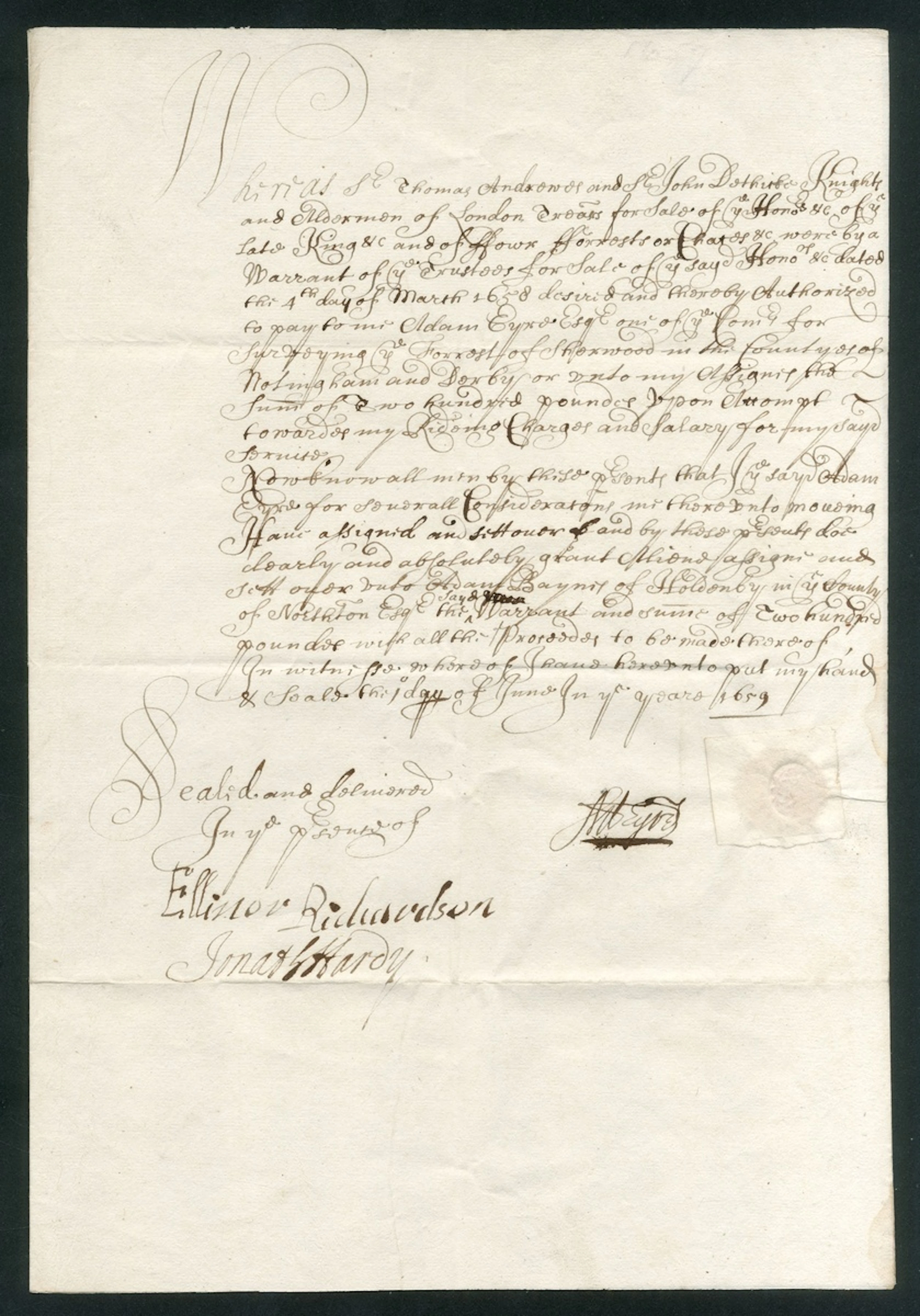 Captain Adam Eyre 1659 (1 June) letter signed, issued by Sir Thomas