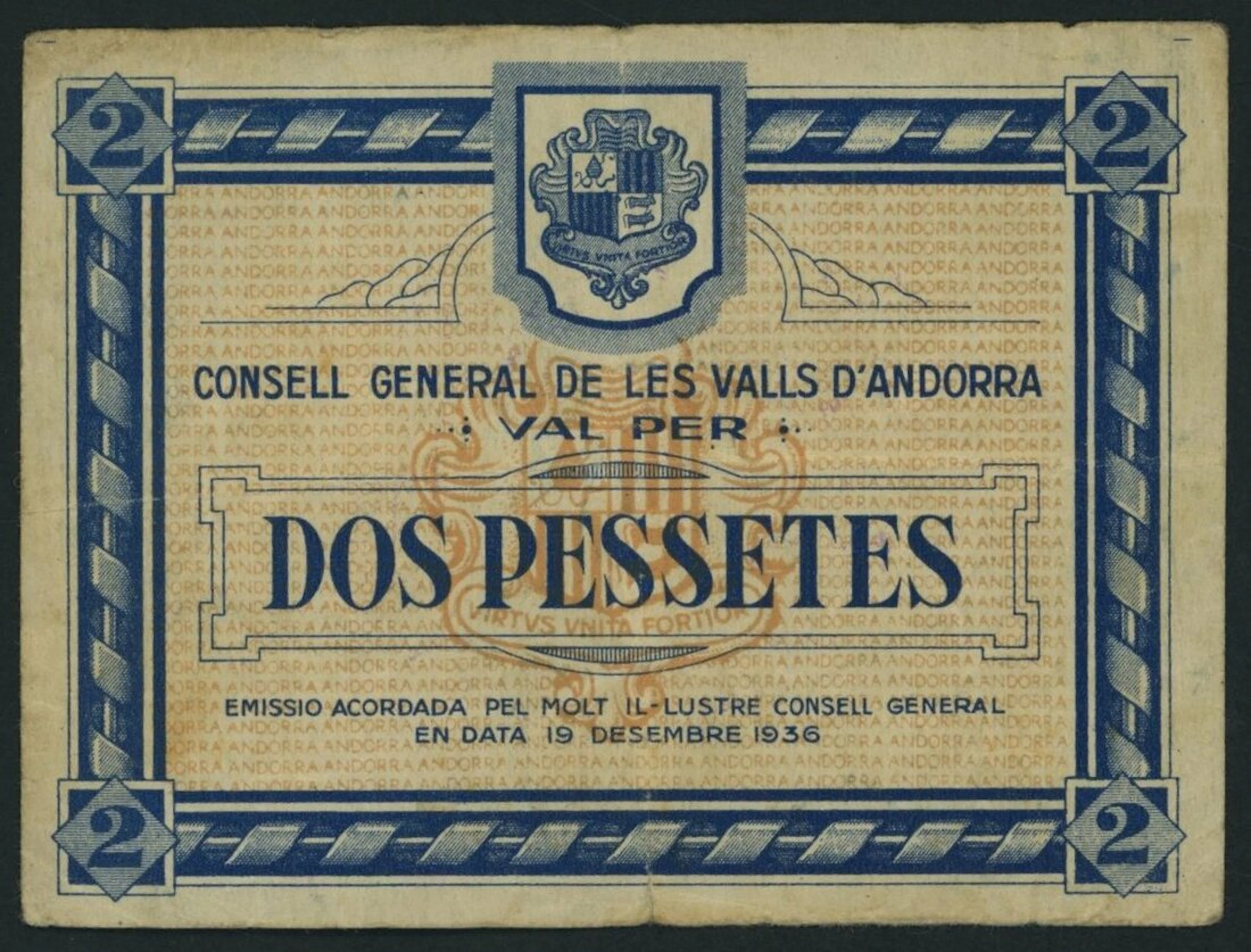 Consell General de les Valls, Andorra, 2 Pessetes, 19th December 1936