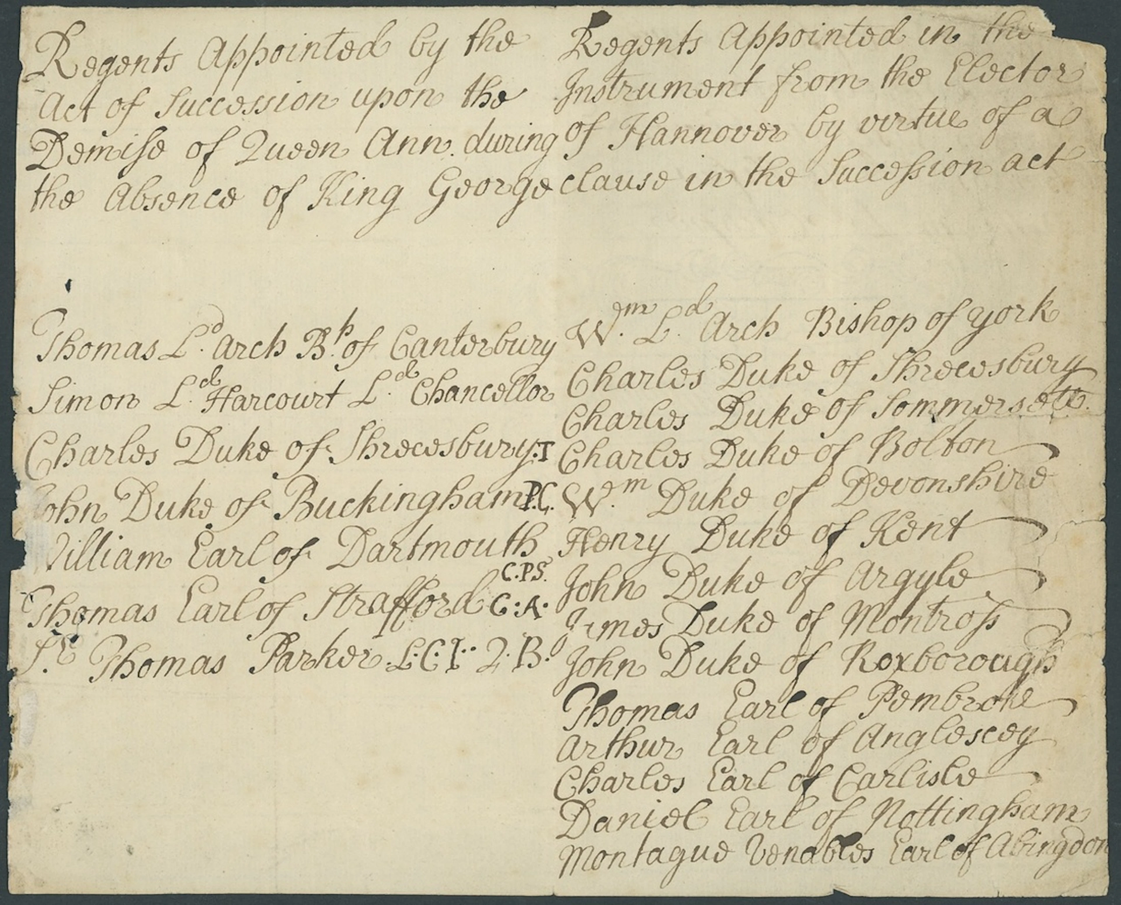 Great Britain Royalty House of Hanover 1714 Two lists written alongside