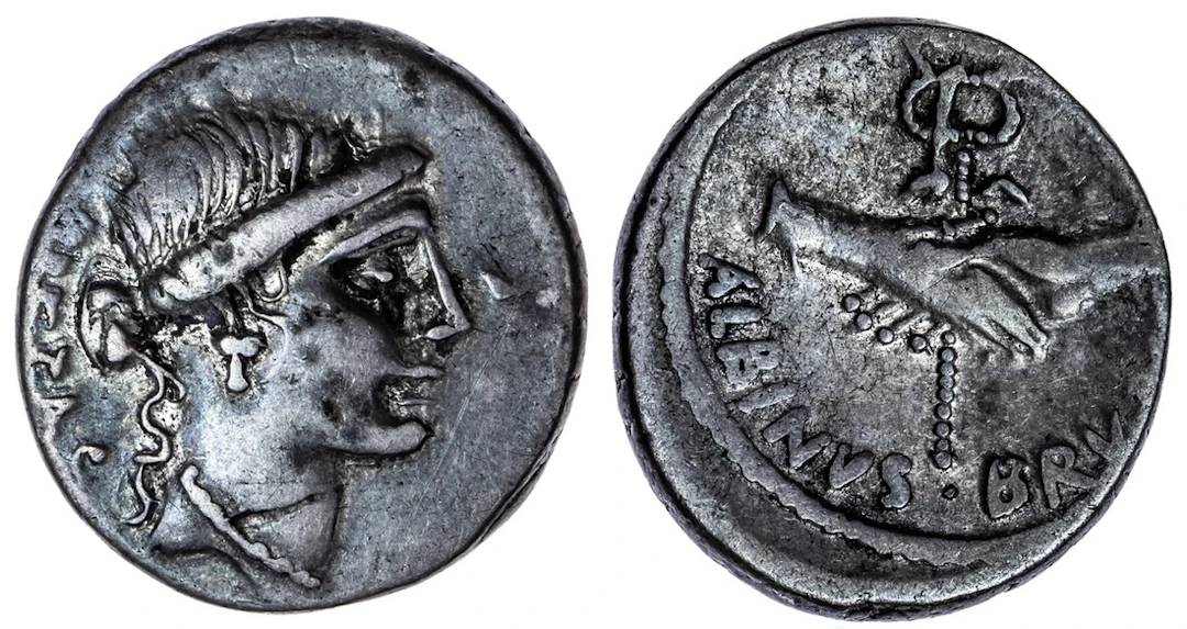 Roman Republic, Decimus Postumius Albinus Bruti f., AR Denarius, struck