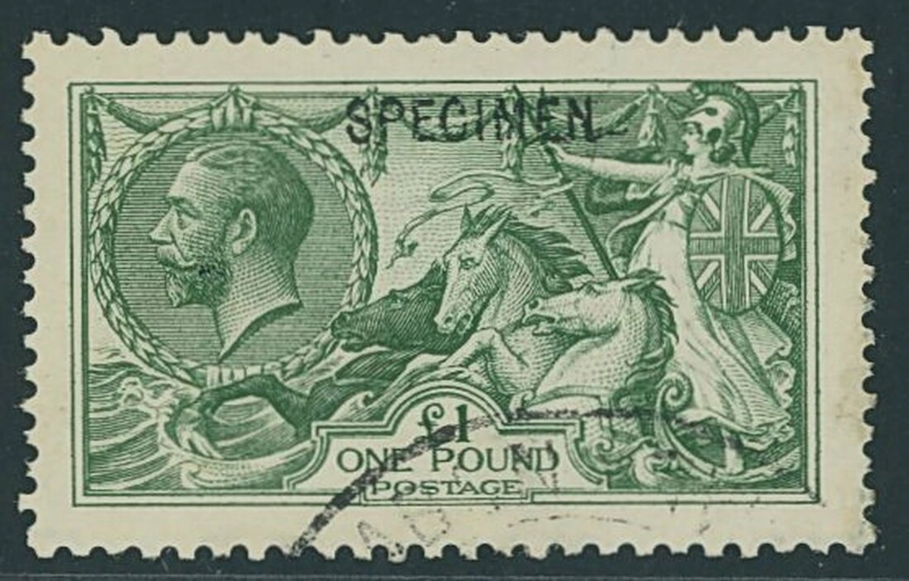 Great Britain 1913 £1 green Seahorse, overprinted "specimen" and further