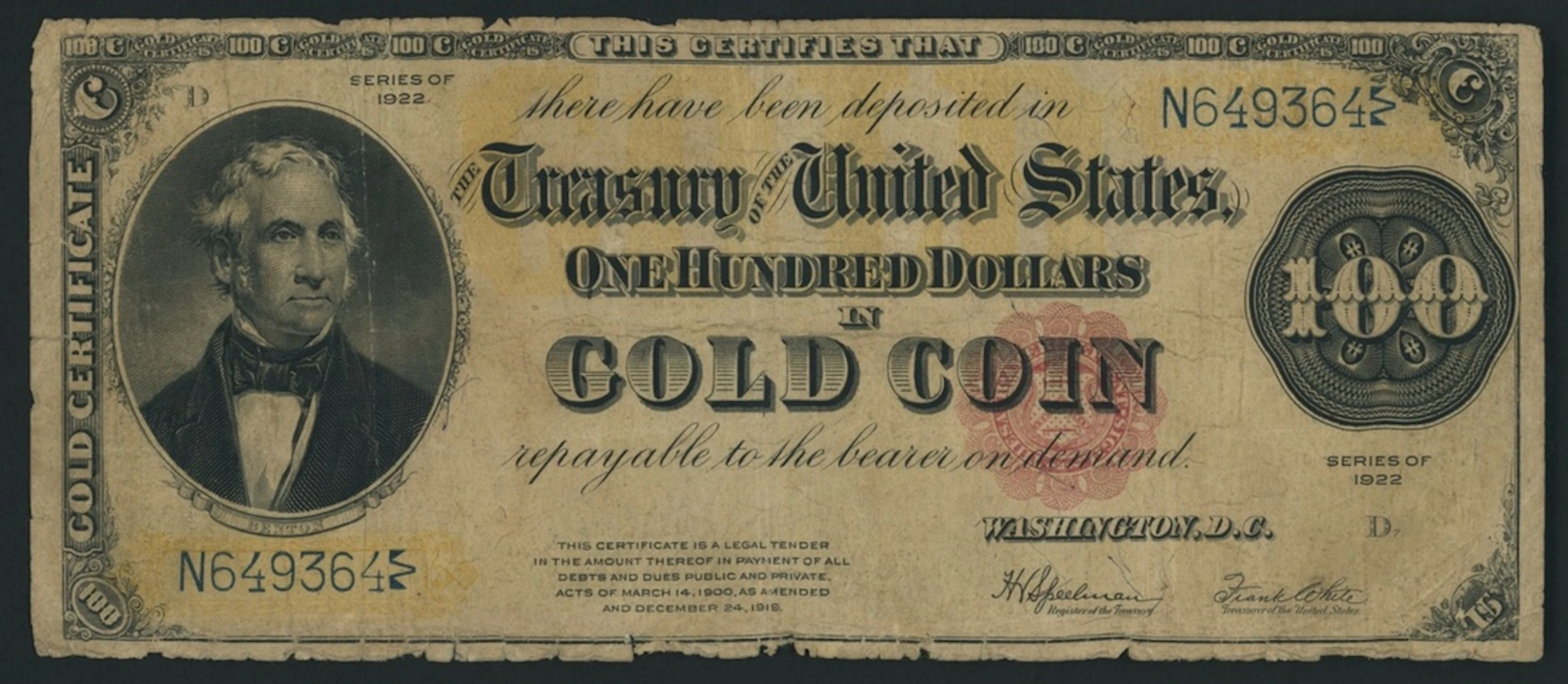 Gold Certificate, United States of America, $100, series of 1922