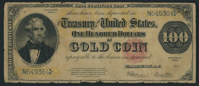 Gold Certificate, United States of America, $100, series of 1922