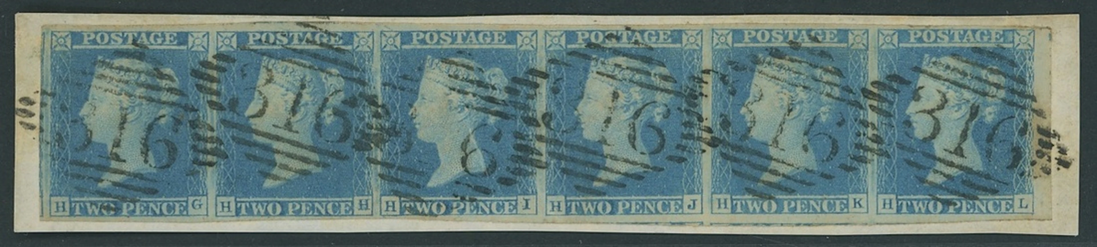 Great Britain 1841 Two Pence Blue Plate 3 HG-HL, horizontal strip