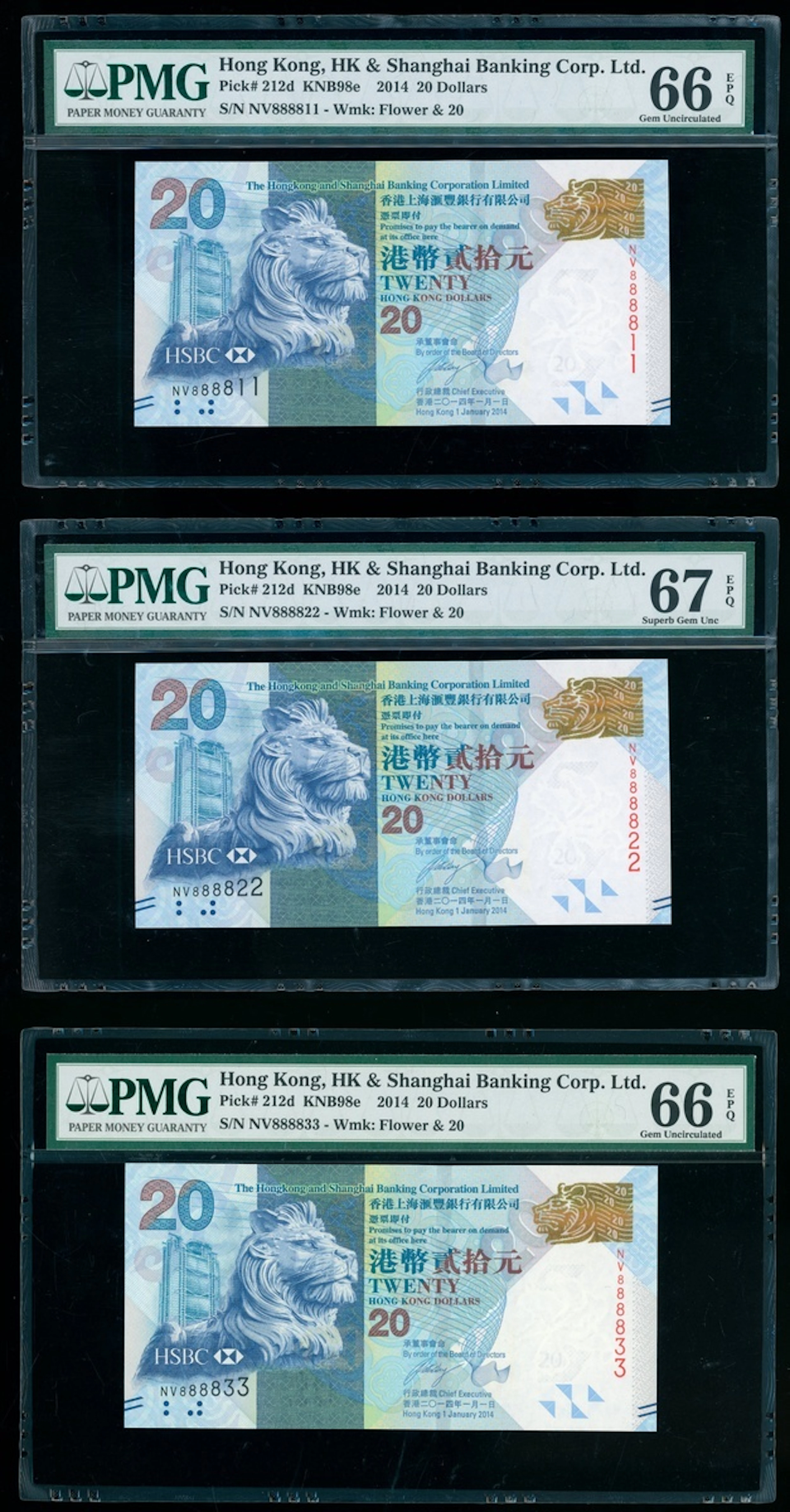 HongKong & Shanghai Banking Corporation, $20 (3), 2014, serial numbers