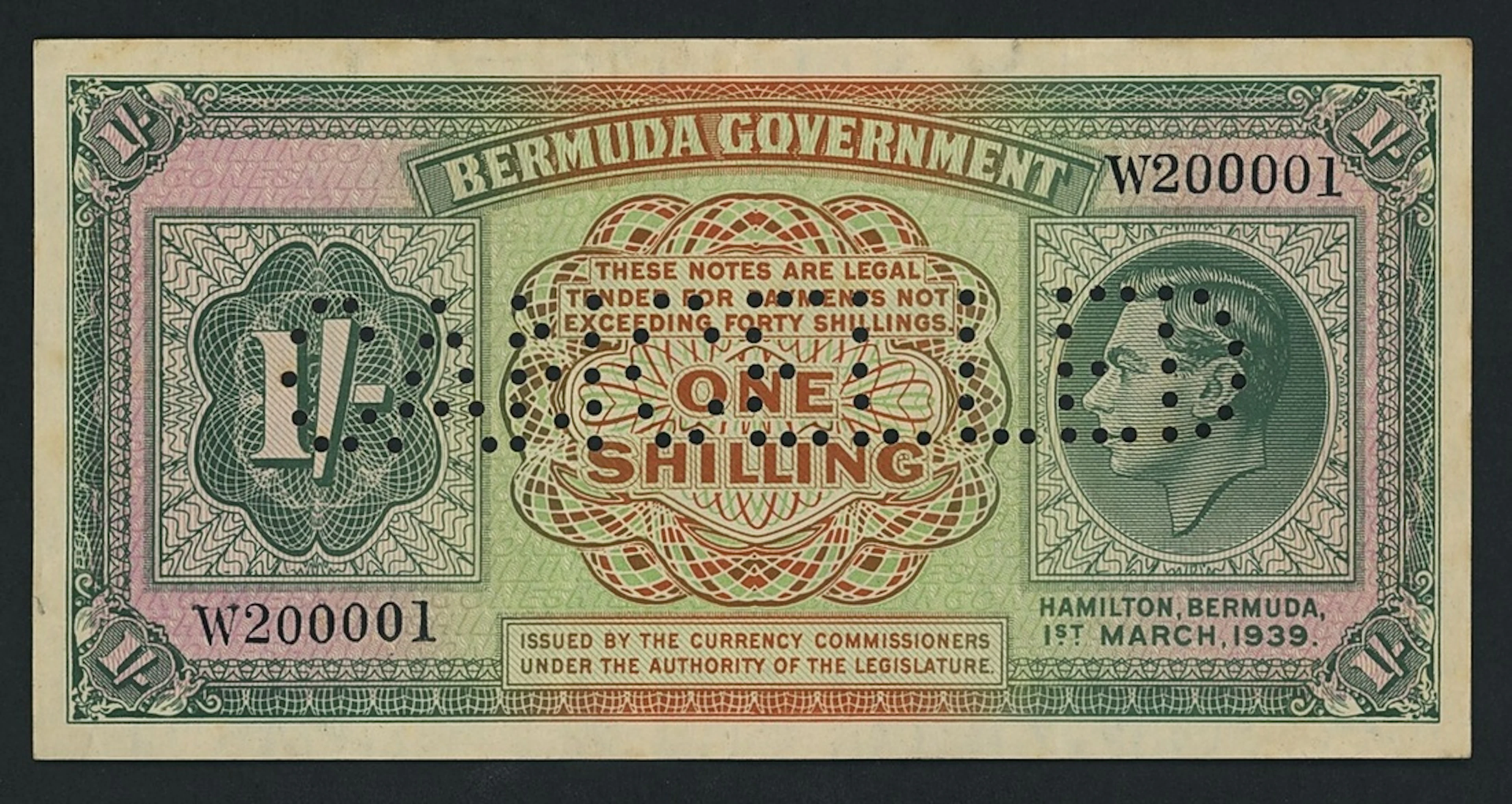 Bermuda Government, 1/- Shilling, 1st March 1939, first serial number