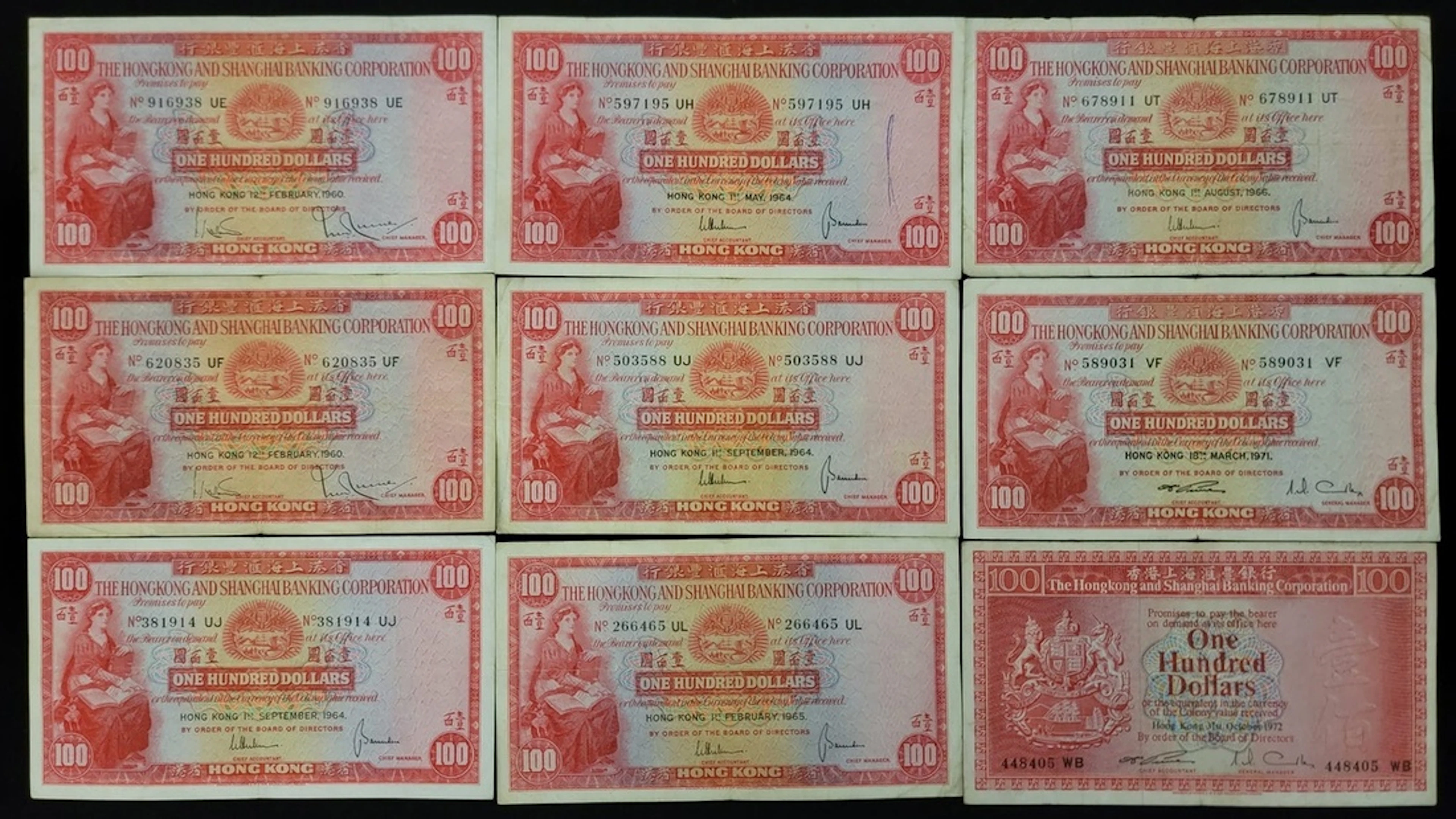 HongKong & Shanghai Banking Corporation, $100 (9), including 1960